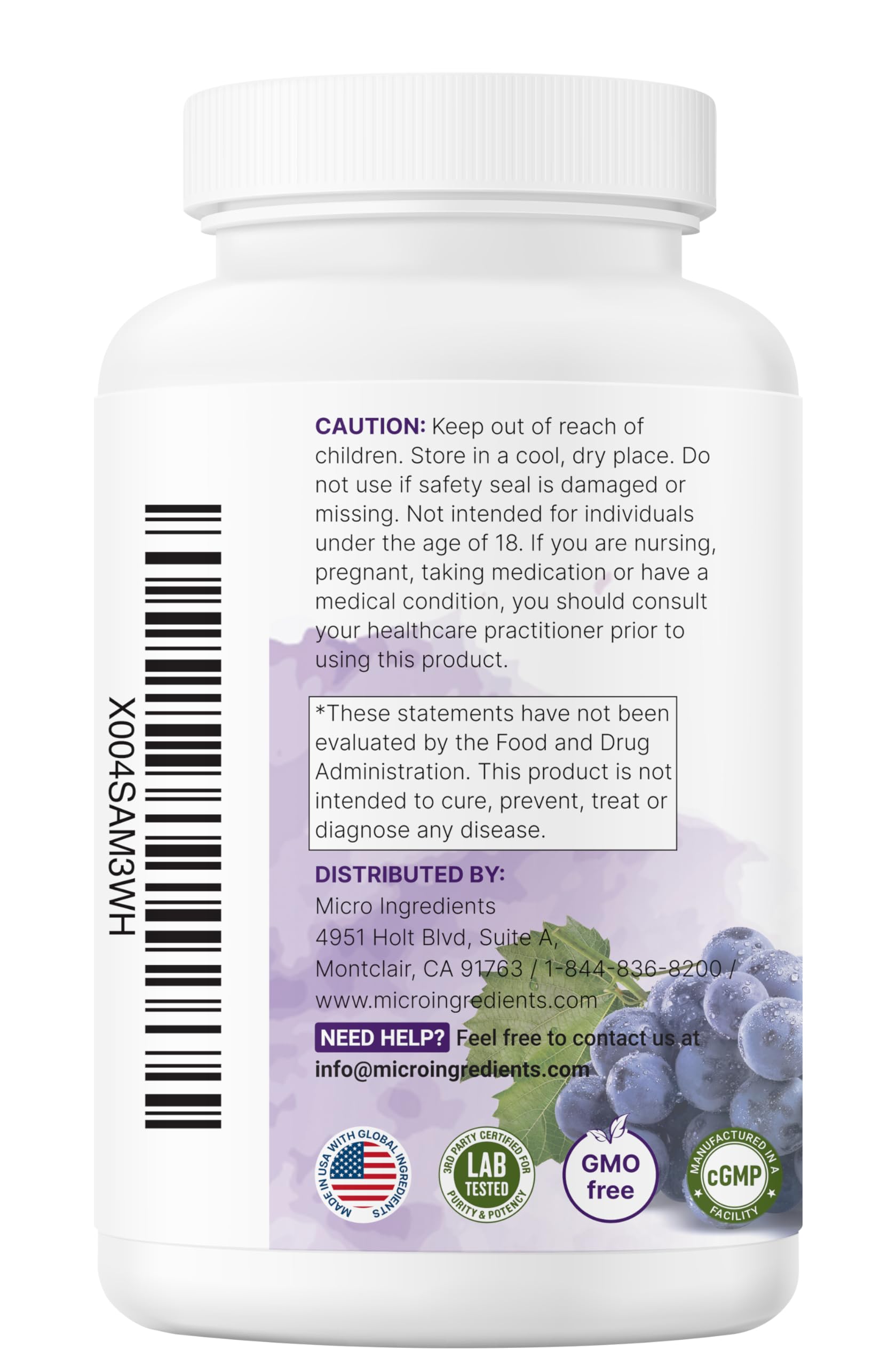 Non-GMO badge on Micro Ingredients Grape Seed Extract label.