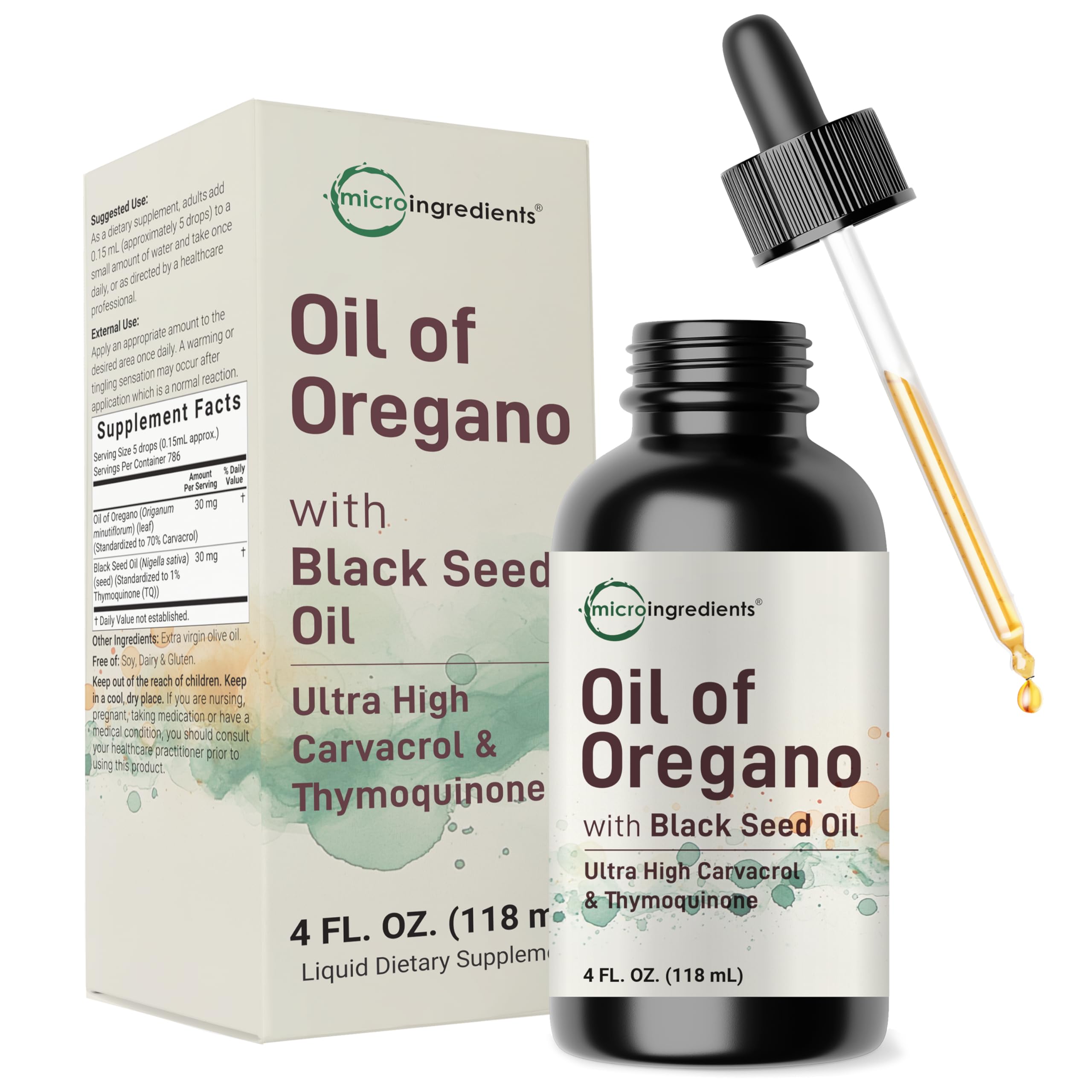 Micro Ingredients Oil of Oregano with Black Seed Oil bottle pouring for daily use
