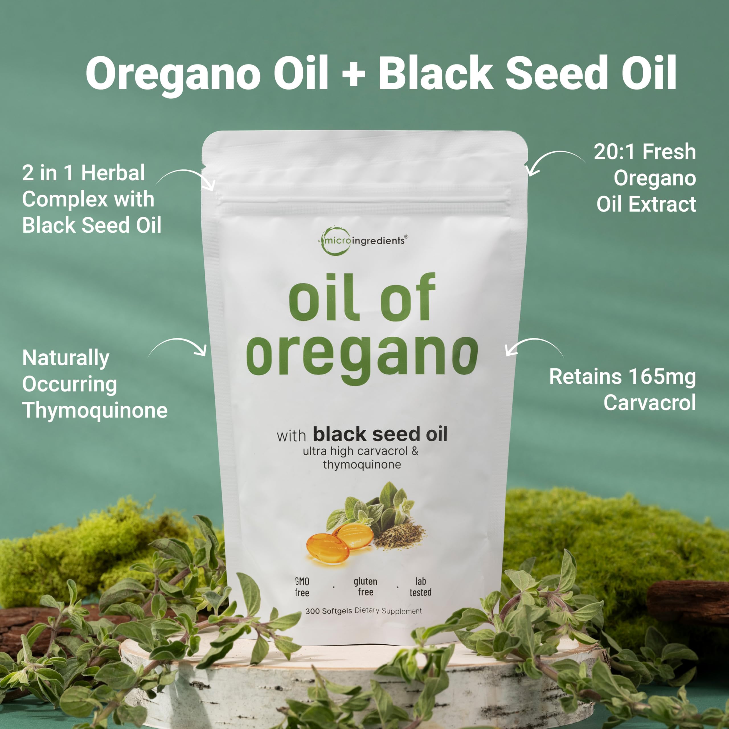 Micro Ingredients Oil of Oregano Softgels bottle back label with ingredients.