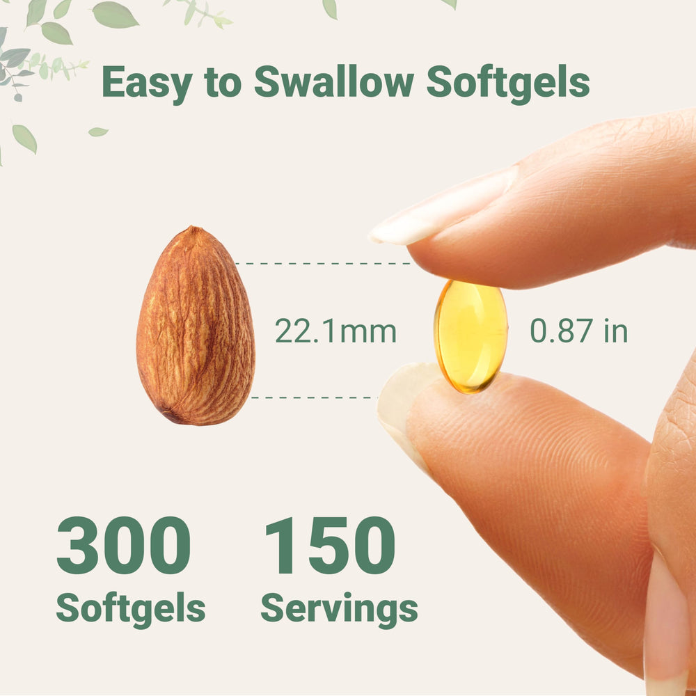 Serving-size image shows two softgels per dose for daily use.