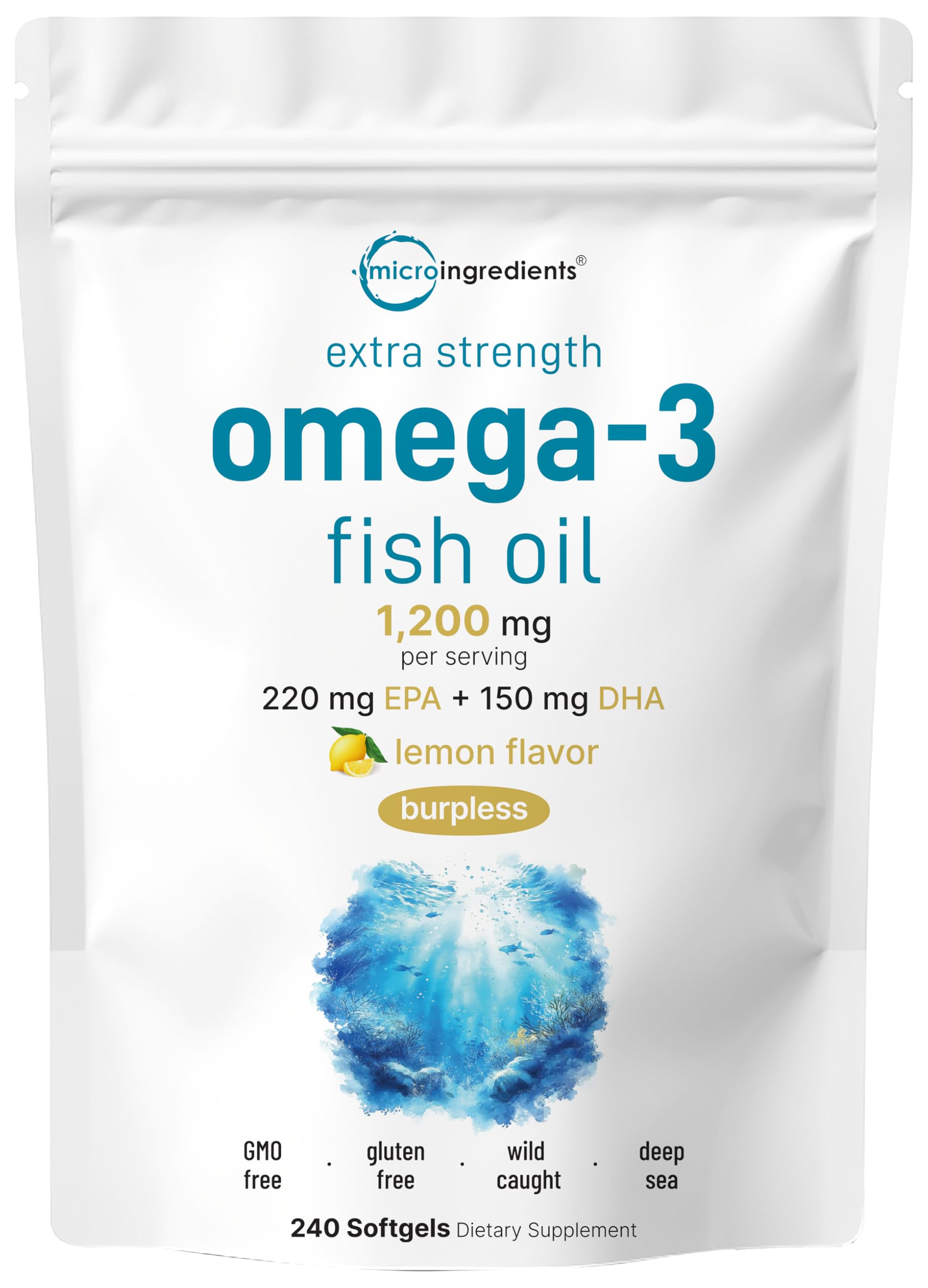 Micro Ingredients extra-strength omega-3 bottle with lemon flavor for burpless ingestion.