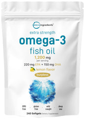 Micro Ingredients extra-strength omega-3 bottle with lemon flavor for burpless ingestion.