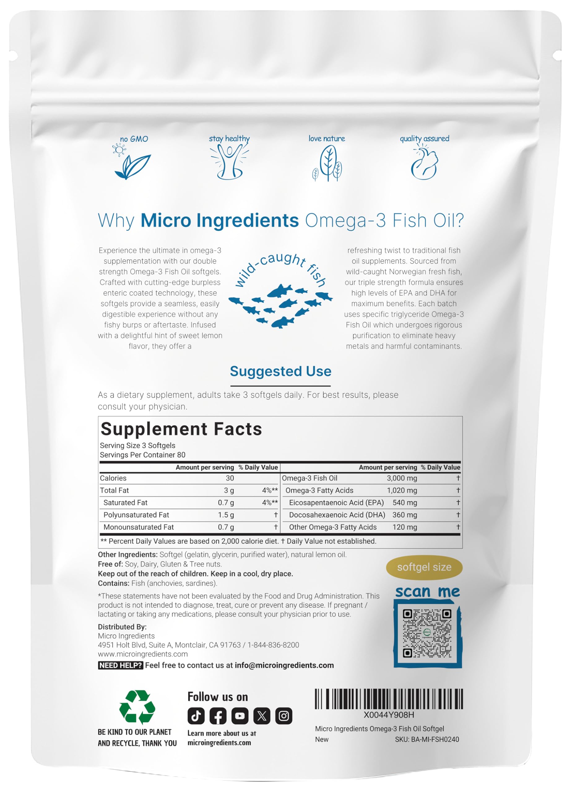Micro Ingredients Omega-3 bottle back panel showing nutrition facts for informed use