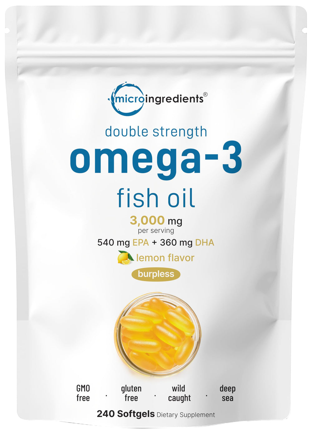 Micro Ingredients Omega-3 fish oil bottle front view with lemon flavor for easy daily intake