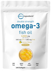 Micro Ingredients Omega-3 fish oil bottle front view with lemon flavor for easy daily intake