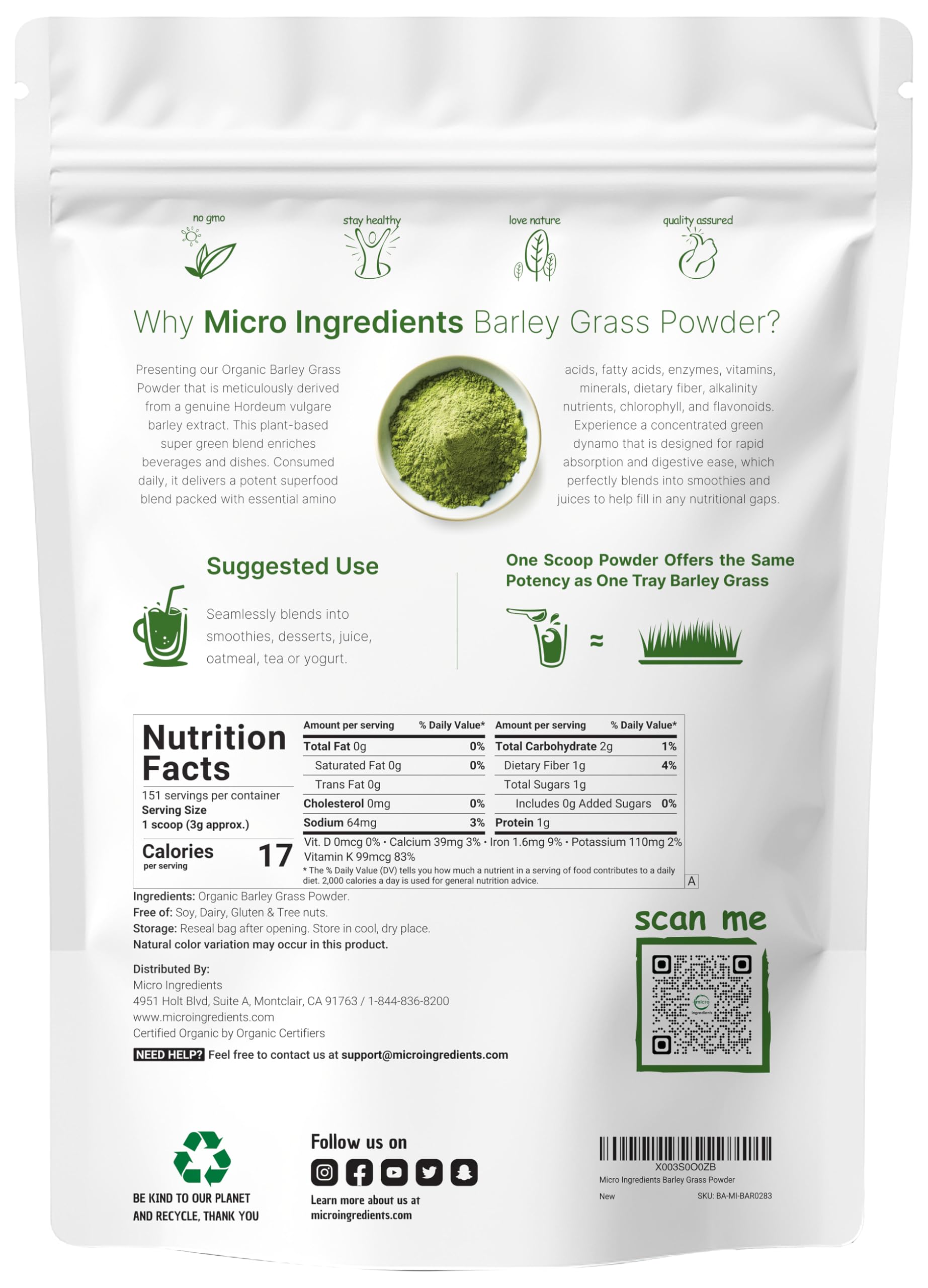 Micro Ingredients barley grass powder scoop showing 3 g serving