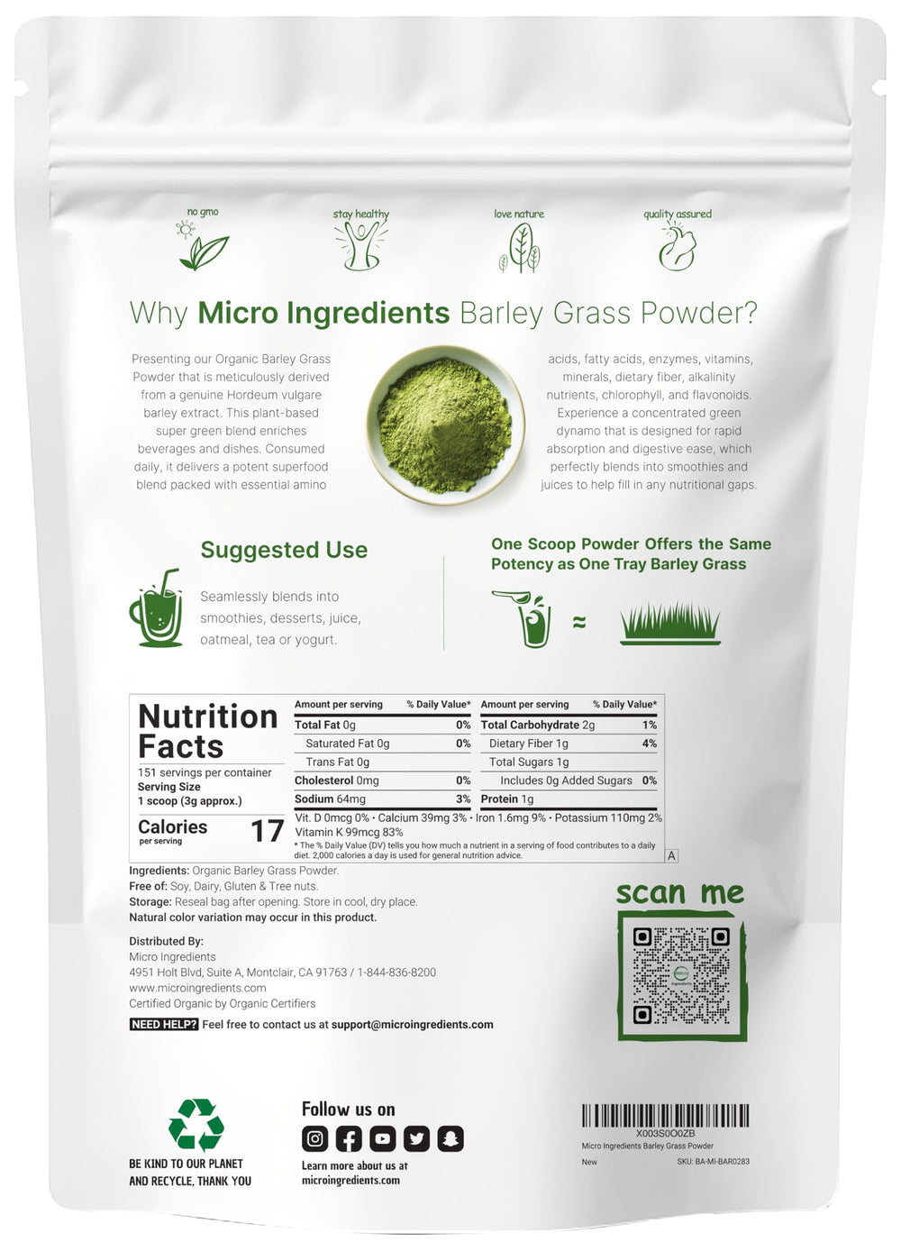 Micro Ingredients barley grass powder scoop showing 3 g serving
