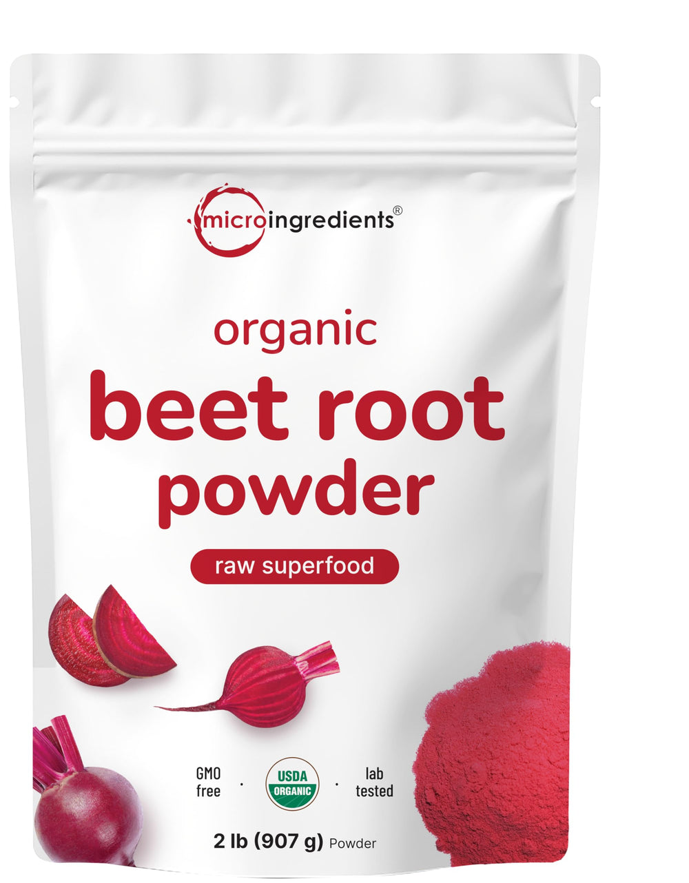 Micro Ingredients organic beet root powder bottle label with natural, nutrient-rich presentation for smoothies.