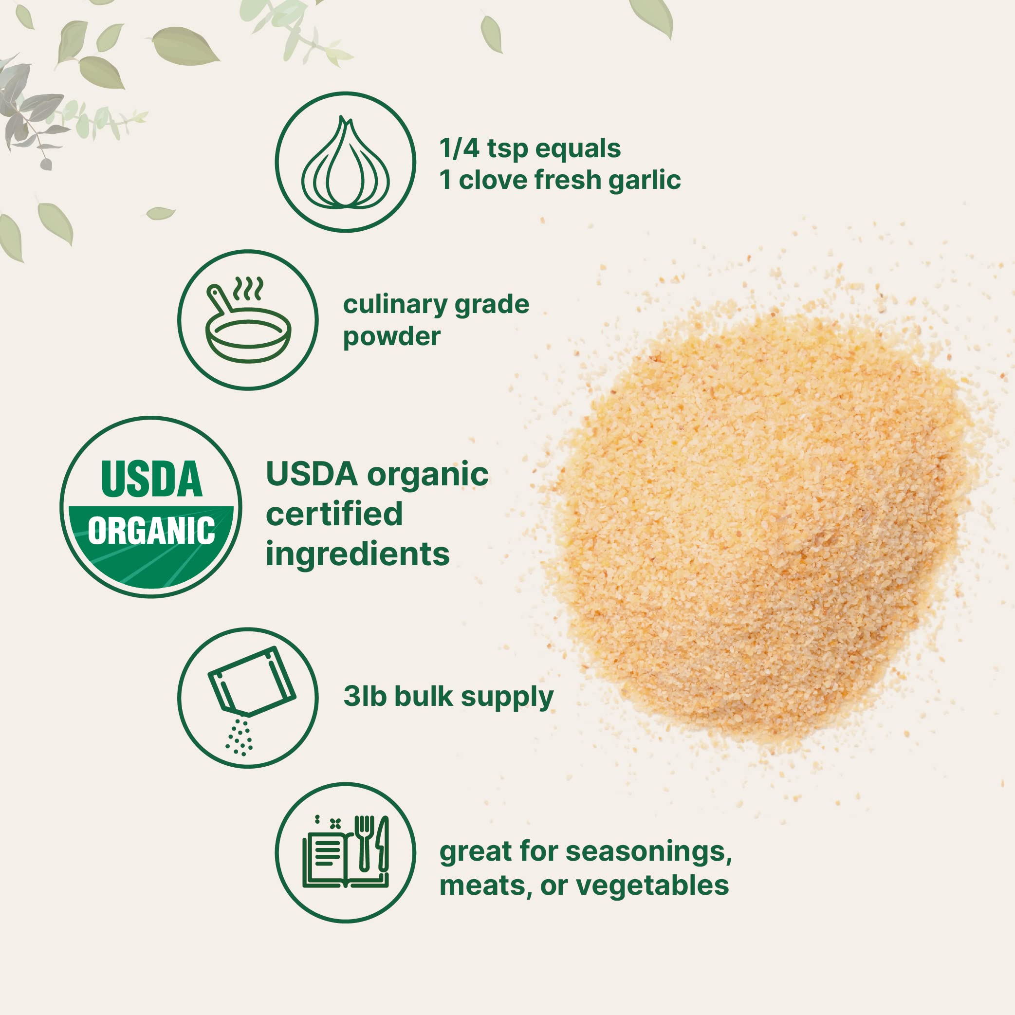 Micro Ingredients Organic Garlic Powder bowl texture shows fine, store-ready powder.