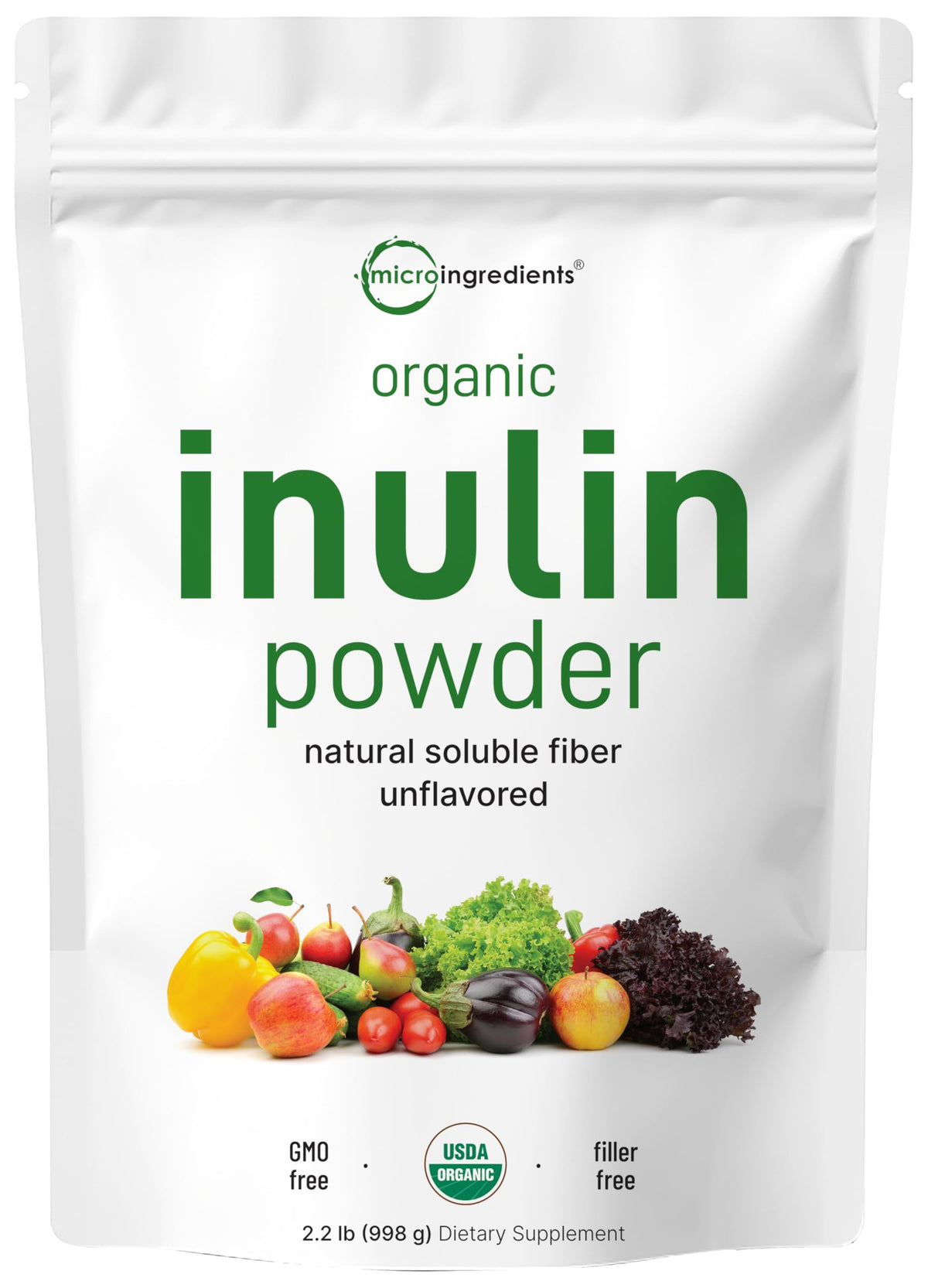 Micro Ingredients Organic Inulin FOS powder bottle dissolves clear in smoothies and drinks.