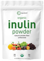 Micro Ingredients Organic Inulin FOS powder bottle dissolves clear in smoothies and drinks.