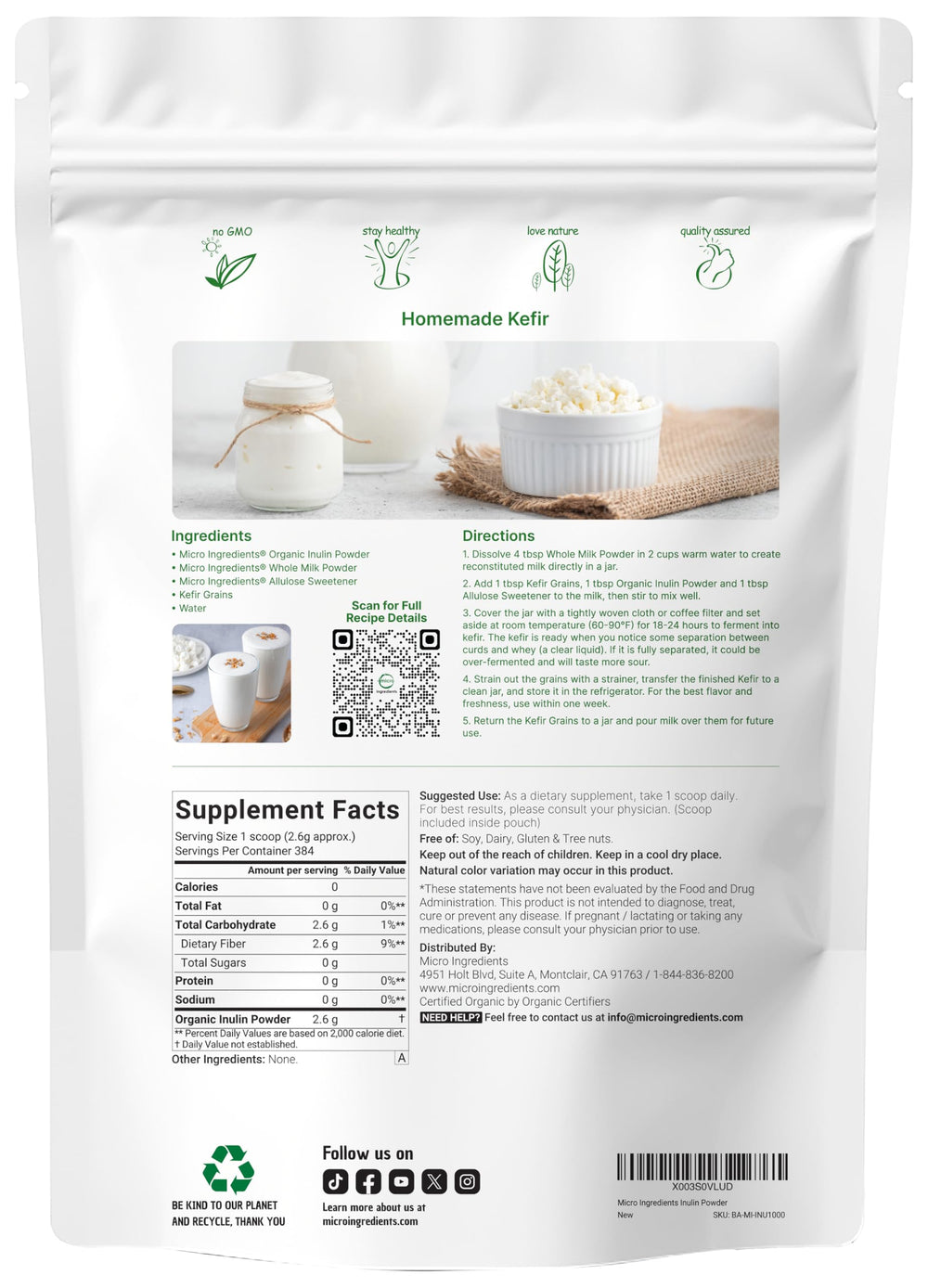Micro Ingredients Inulin FOS powder shake image shows versatile prebiotic use.