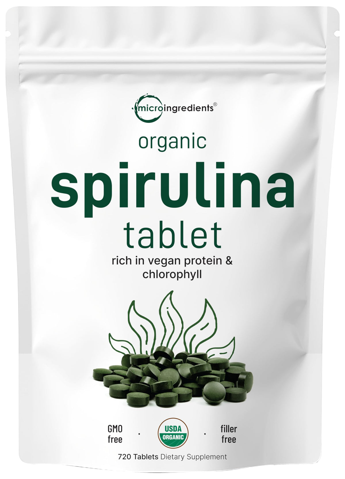 Micro Ingredients Organic Spirulina tablets bottle with 720-count packaging for vegan protein