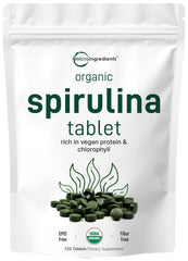 Micro Ingredients Organic Spirulina tablets bottle with 720-count packaging for vegan protein
