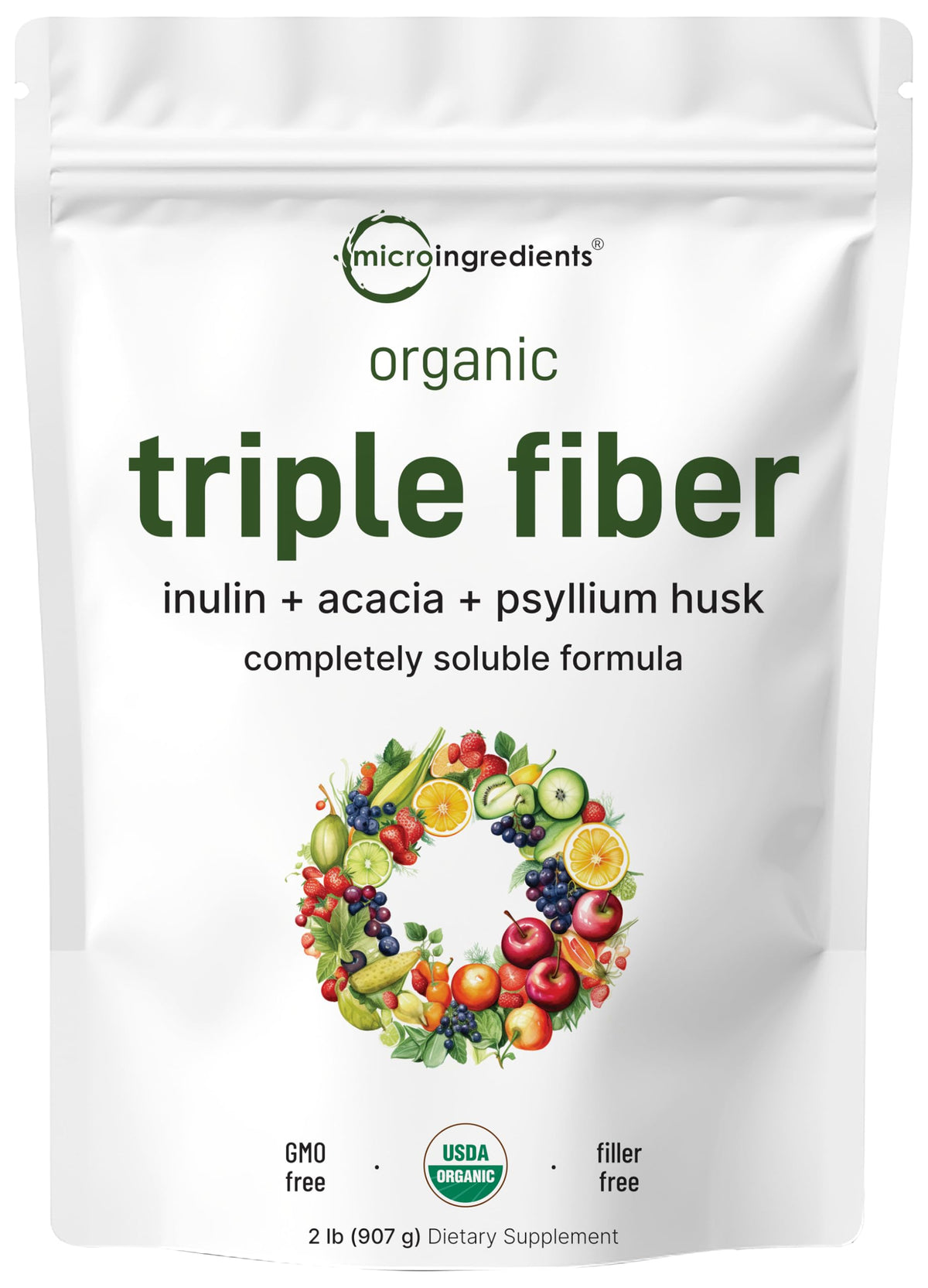 Micro Ingredients Organic Triple Fiber Powder canister shows the 3-in-1 blend for daily digestion support