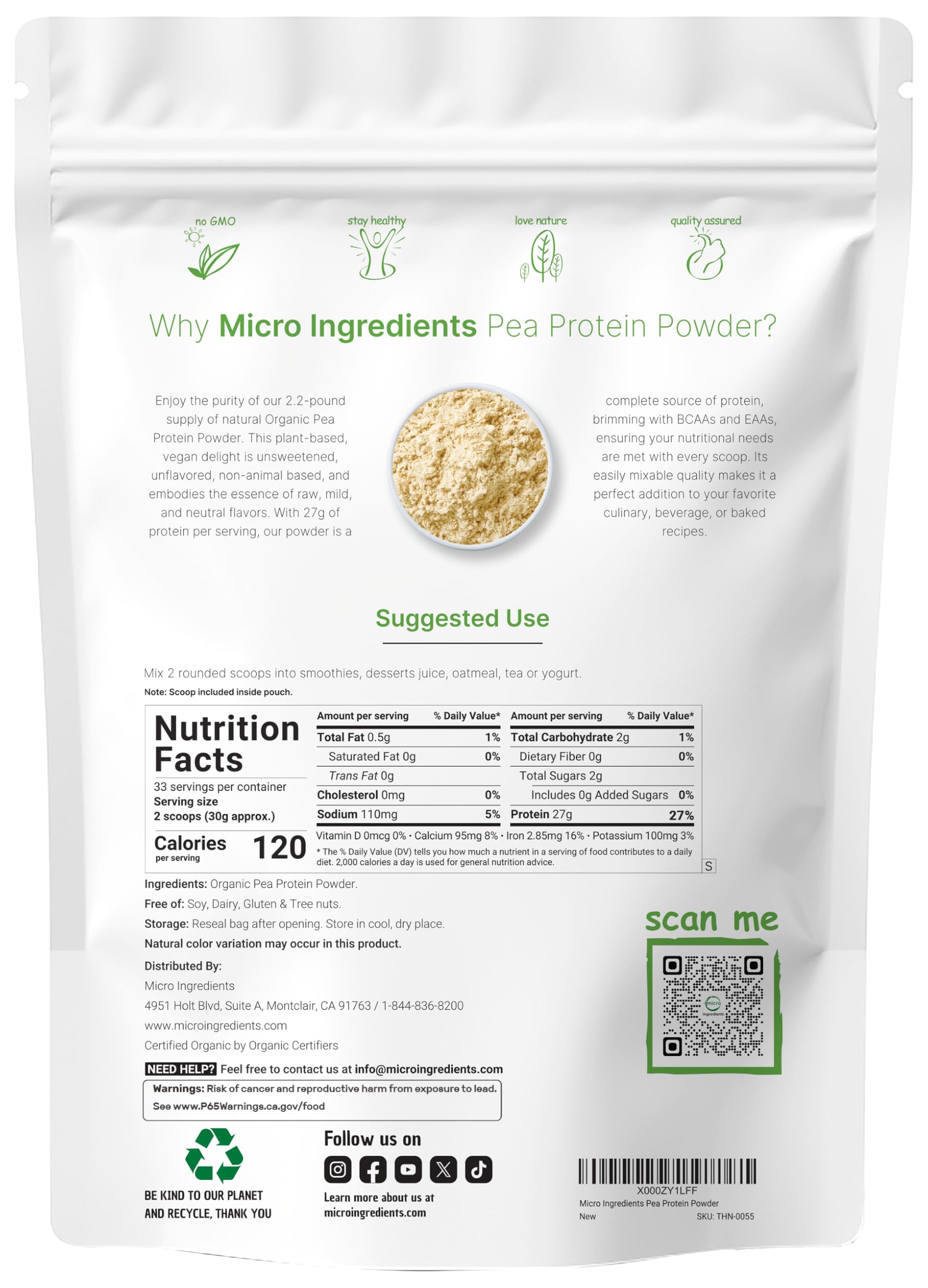 Micro Ingredients pea protein powder scoop demonstrating easy measurement for quick, consistent protein boosts.