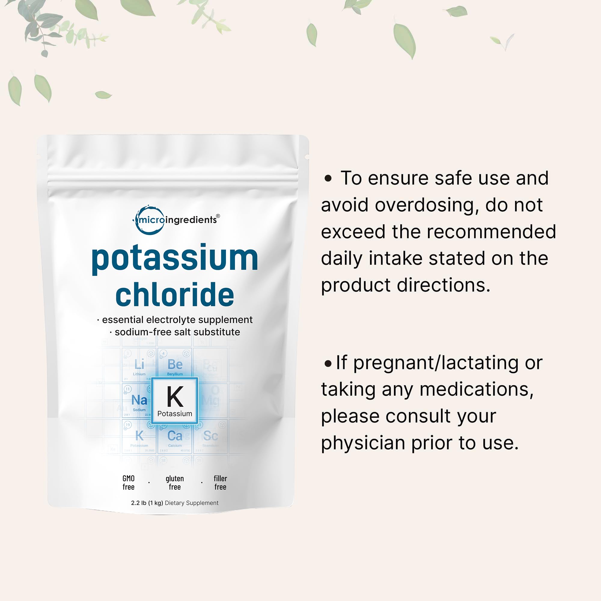 Micro Ingredients potassium chloride powder packaging to 1 kg container for easy storage.