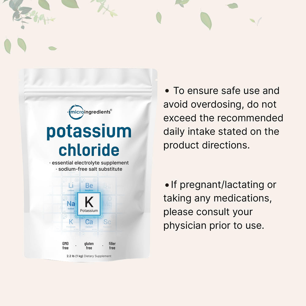 Micro Ingredients potassium chloride powder packaging to 1 kg container for easy storage.