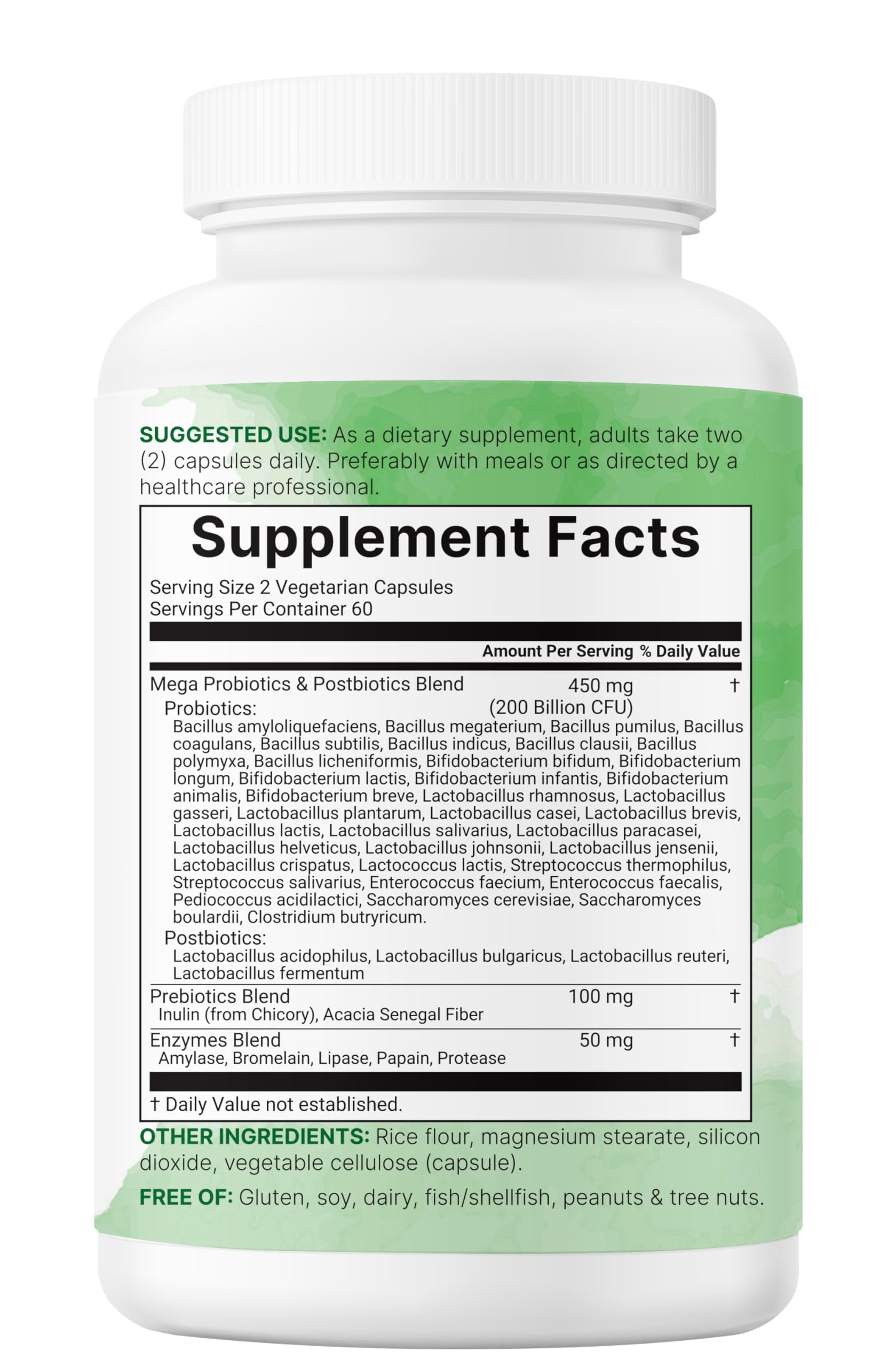 Micro Ingredients Probiotics bottle close-up emphasizes non-GMO, allergen-free formula.