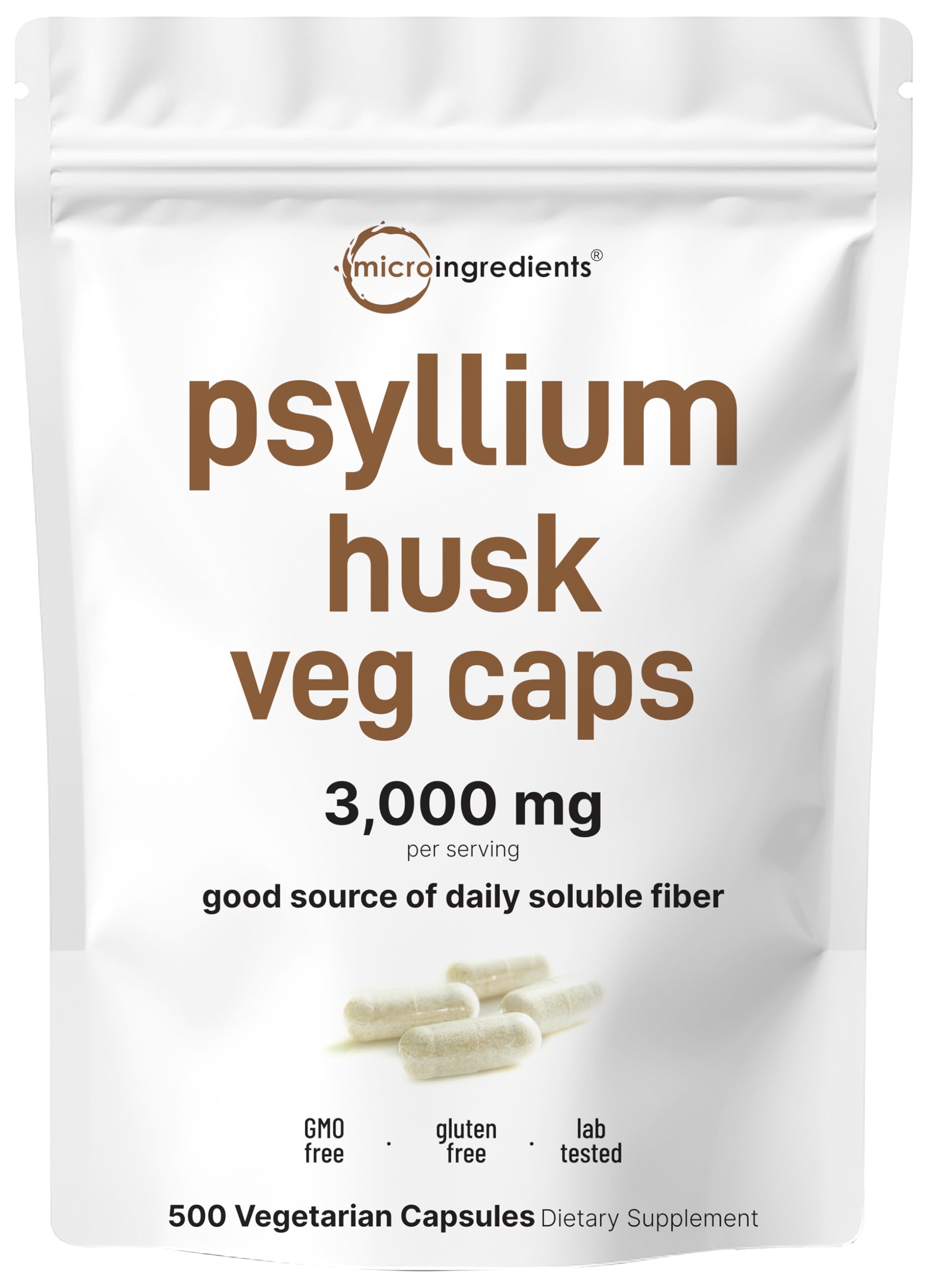 Micro Ingredients Psyllium Husk Capsules bottle with 3,000 mg fiber per capsule for daily soluble fiber support.