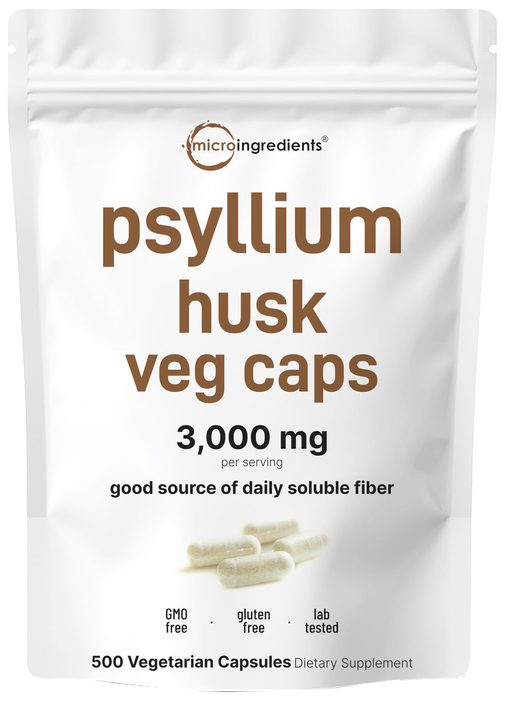 Micro Ingredients Psyllium Husk Capsules bottle with 3,000 mg fiber per capsule for daily soluble fiber support.