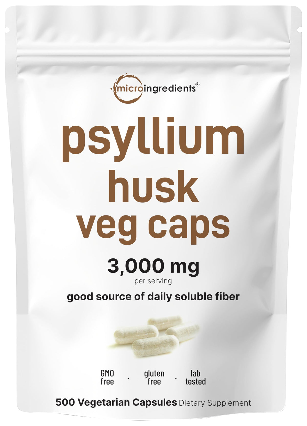 Micro Ingredients Psyllium Husk Capsules bottle with 3,000 mg fiber per capsule for daily soluble fiber support.