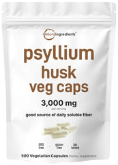 Micro Ingredients Psyllium Husk Capsules bottle with 3,000 mg fiber per capsule for daily soluble fiber support.