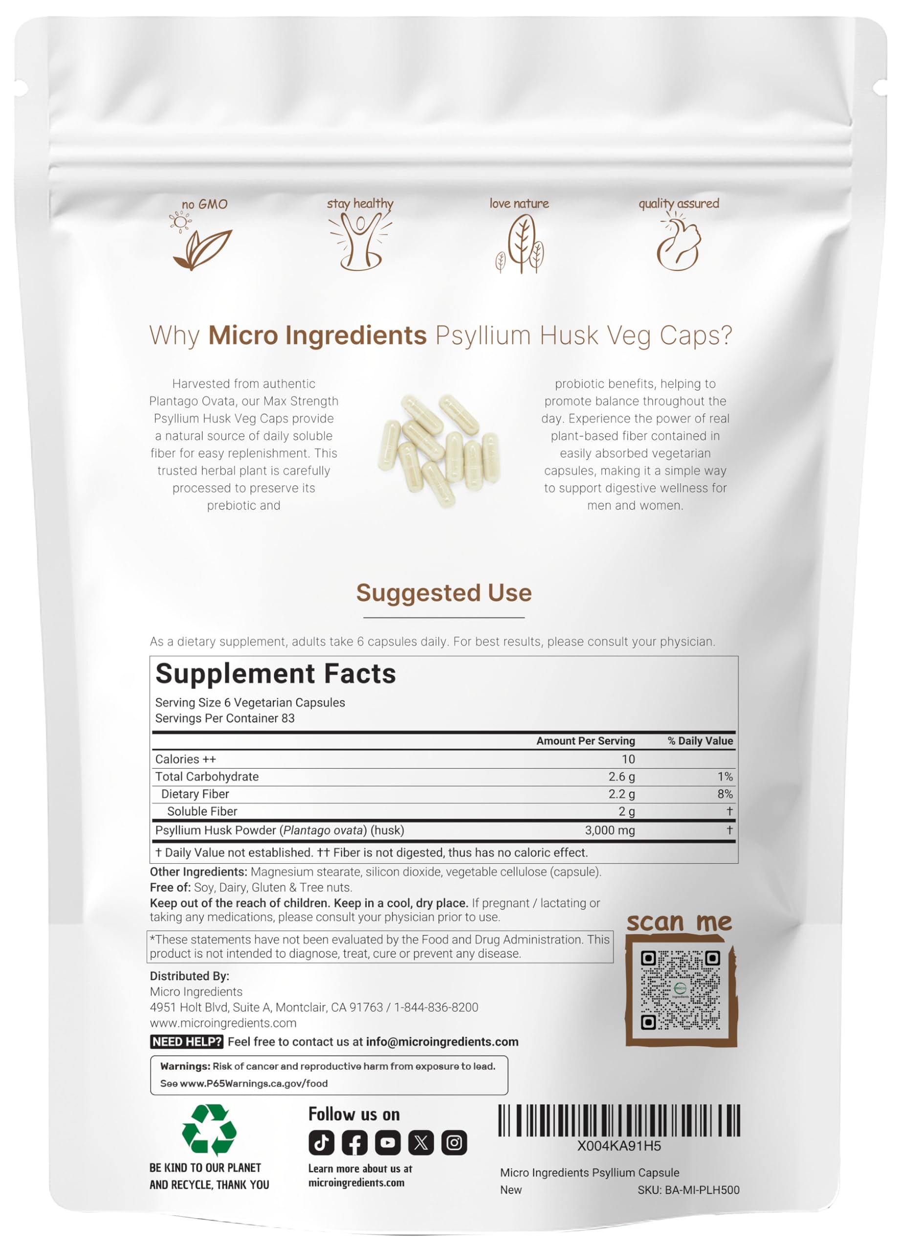 Micro Ingredients psyllium husk powder bulk-pack showing Indian Plantago Ovata sourcing.