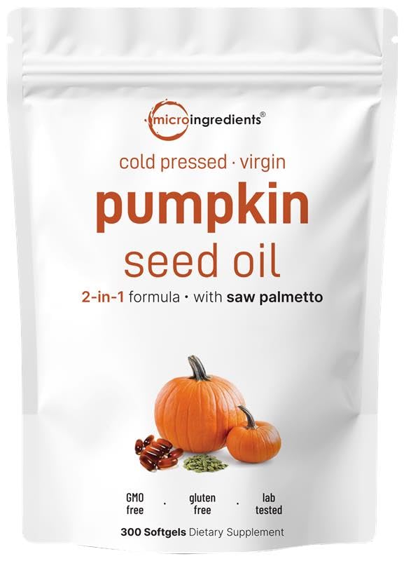 Micro Ingredients pumpkin seed oil softgels bottle highlighting essential fatty acids for daily wellness.