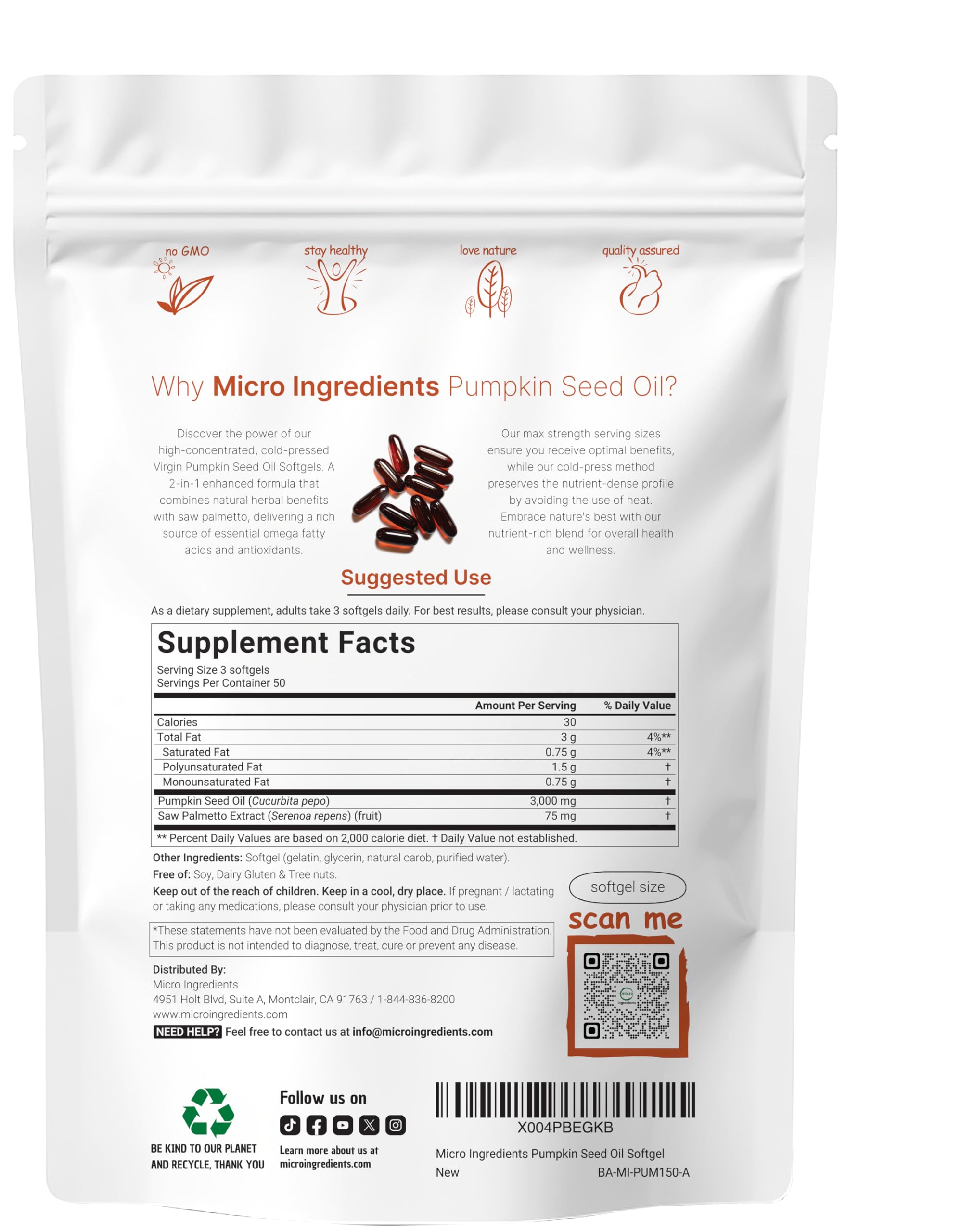 Micro Ingredients pumpkin seed oil softgels closeup highlighting convenient daily dose