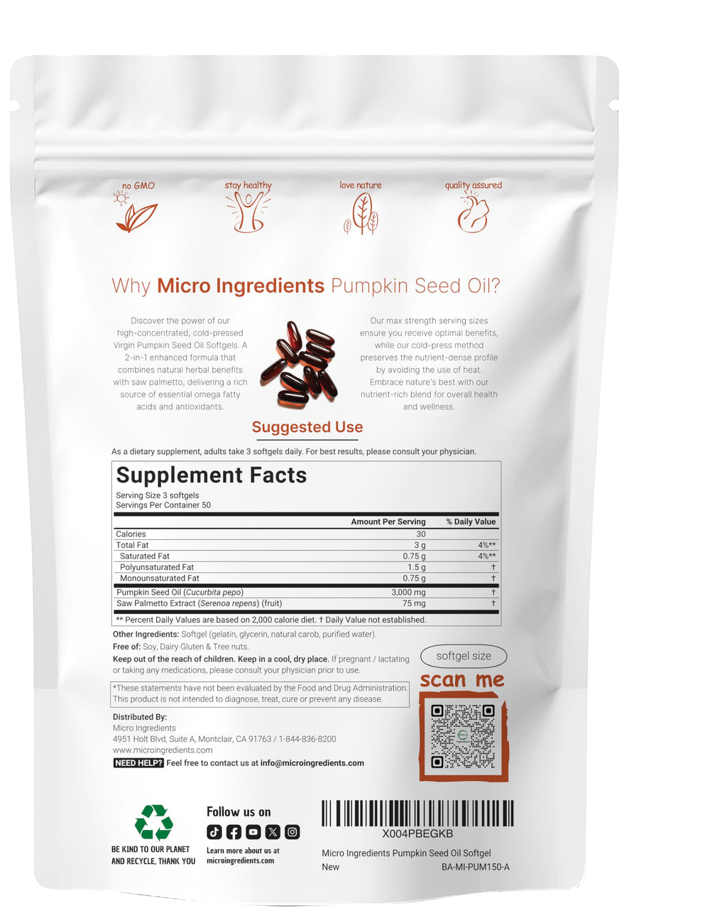 Micro Ingredients pumpkin seed oil softgels closeup highlighting convenient daily dose