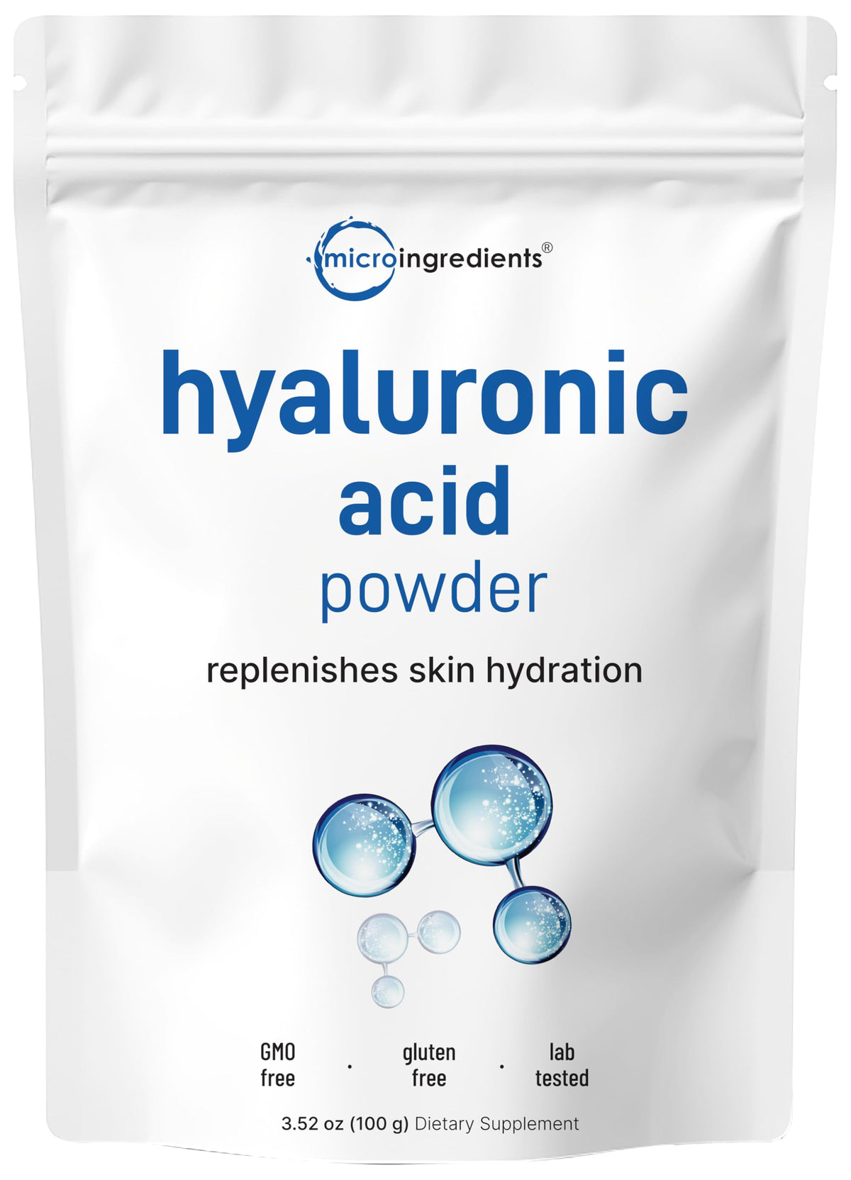Micro Ingredients Pure Hyaluronic Acid Serum Powder bottle for long-lasting skin hydration and antioxidant support.