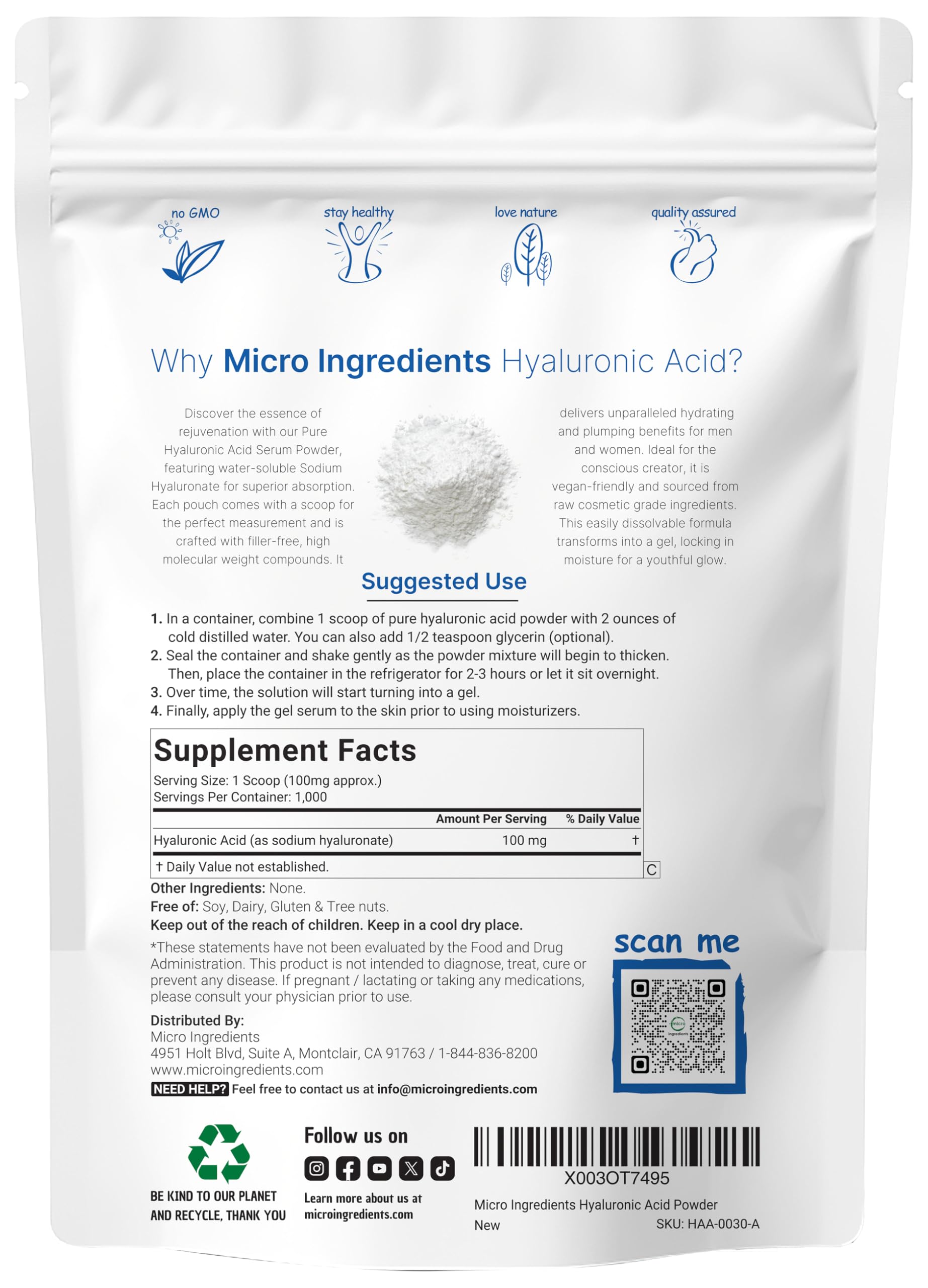 Micro Ingredients Pure Hyaluronic Acid Serum Powder scoop highlights precise measurement for reliable usage.