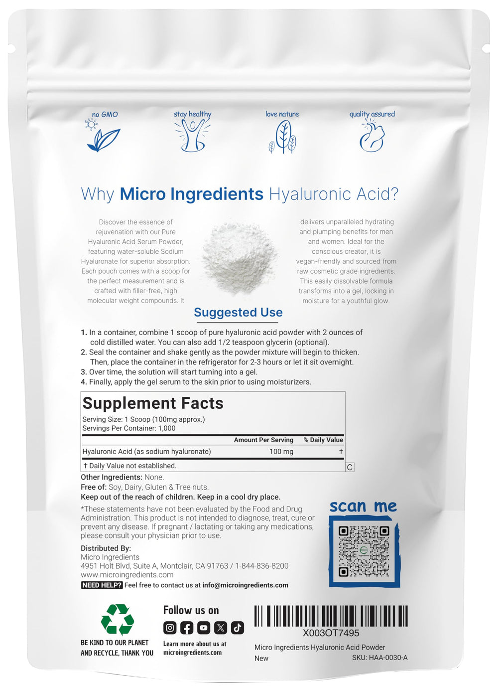 Micro Ingredients Pure Hyaluronic Acid Serum Powder scoop highlights precise measurement for reliable usage.
