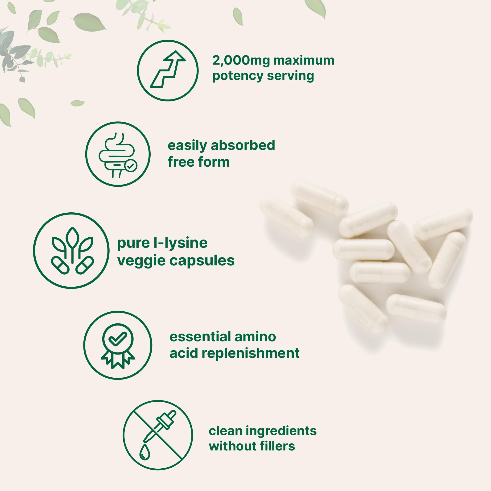 Micro Ingredients Pure L-Lysine ingredients panel confirms filler-free, non-GMO composition.
