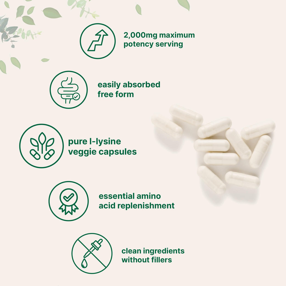 Micro Ingredients Pure L-Lysine ingredients panel confirms filler-free, non-GMO composition.