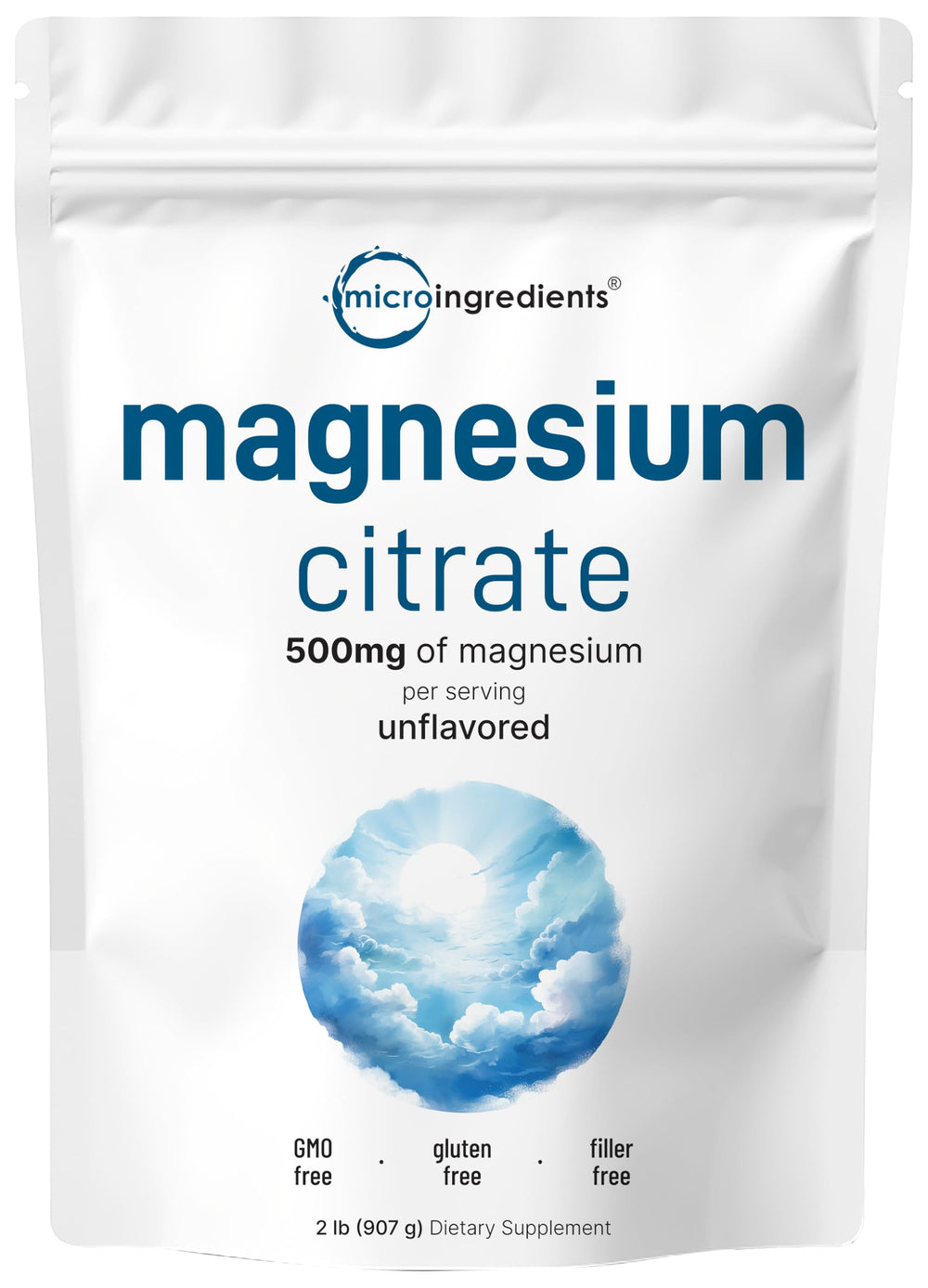 Micro Ingredients Pure Magnesium Powder bottle close-up, unflavored formula for easy mixing and daily use