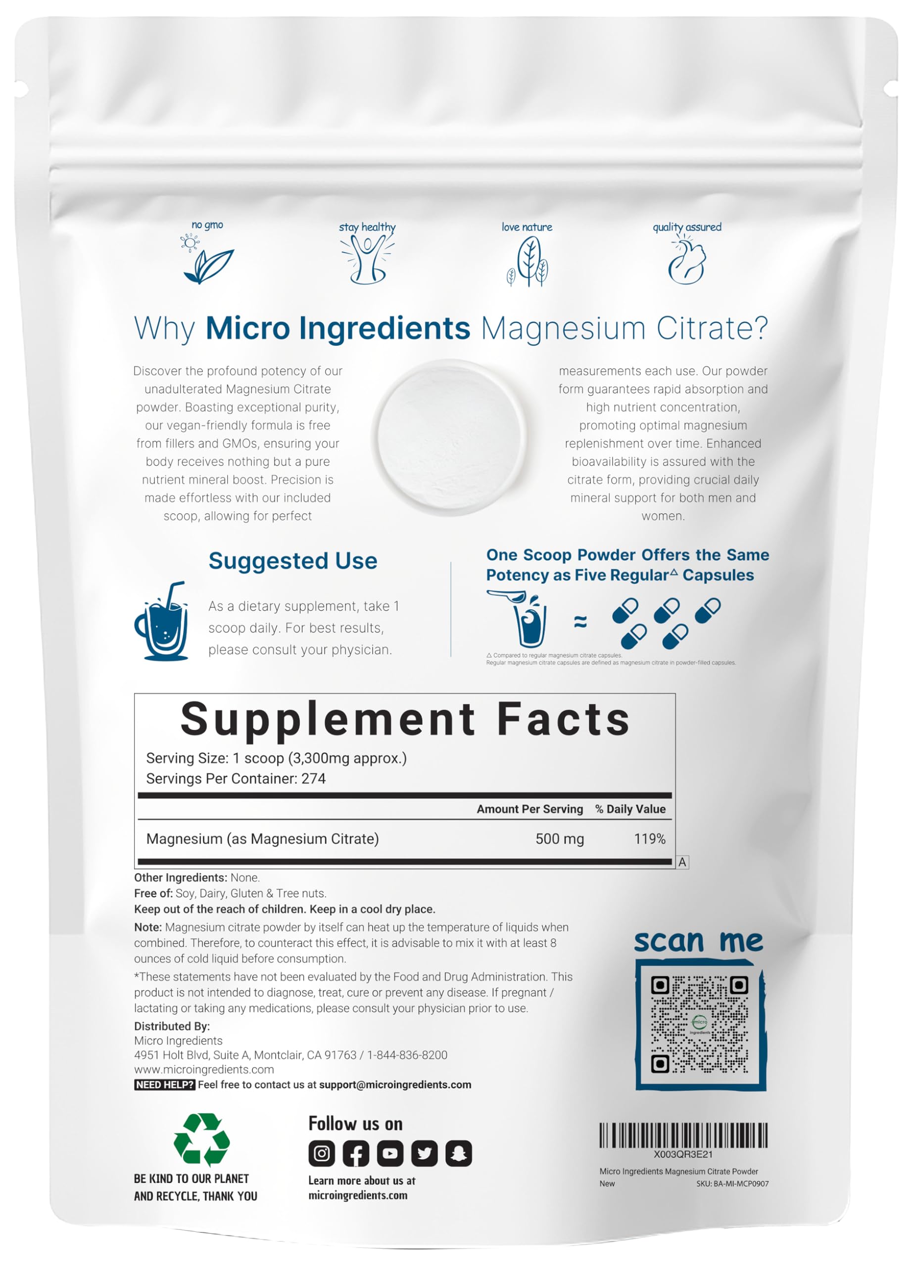 Micro Ingredients Magnesium Powder scoop showing exact serving size for reliable daily intake
