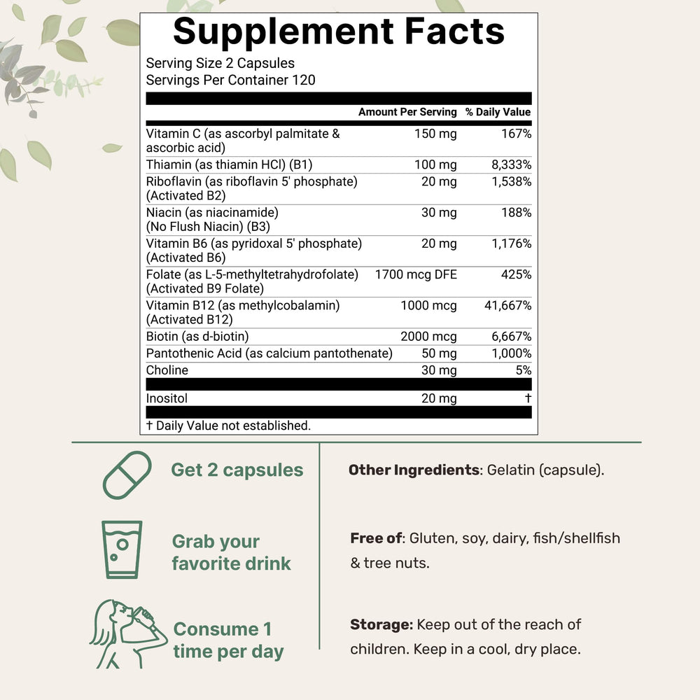 Micro Ingredients Pure Methylated B Complex bottle back details nutrition and daily use directions