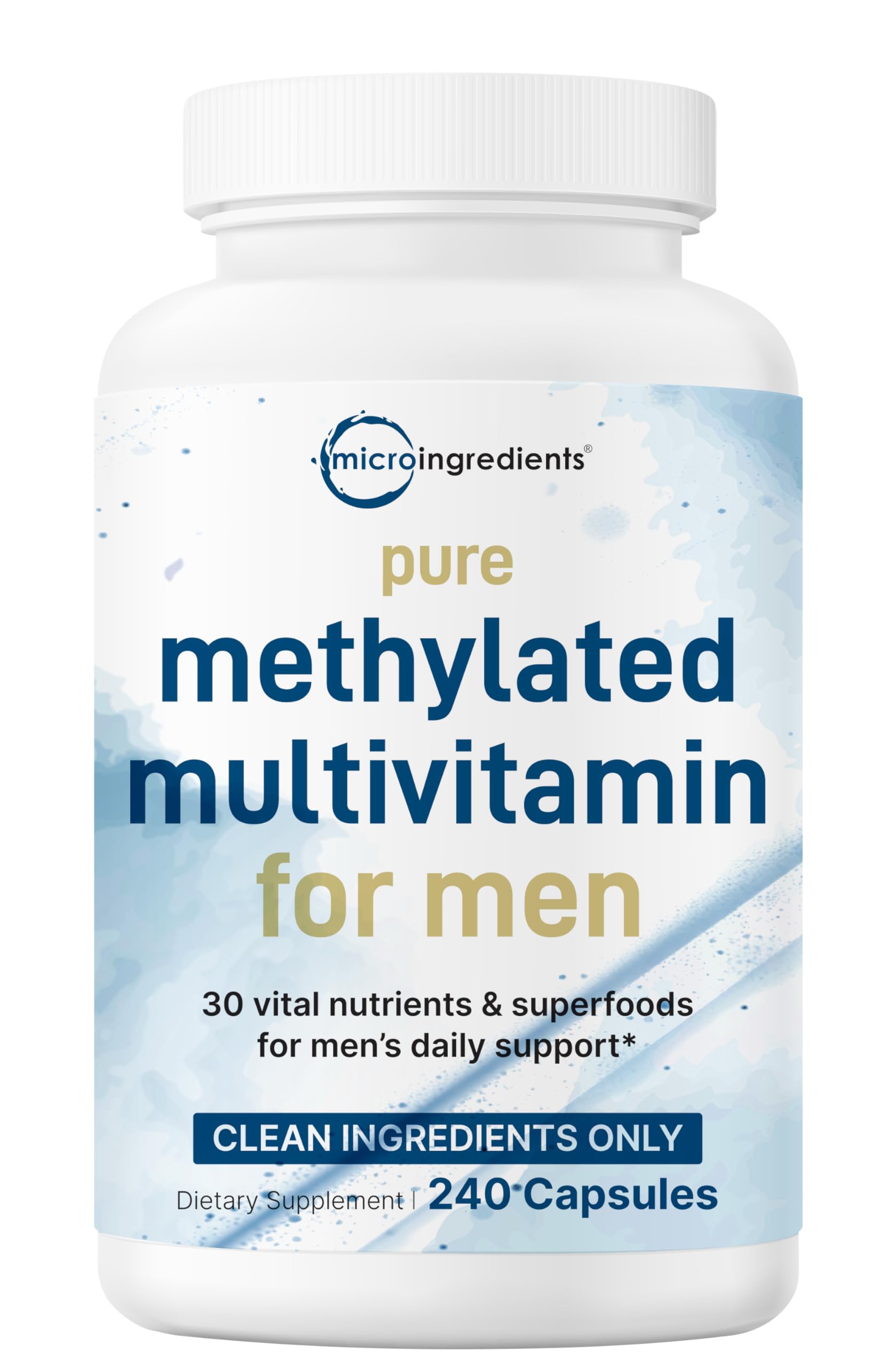 Micro Ingredients Pure Methylated Multivitamin for Men bottle and capsules for daily energy.