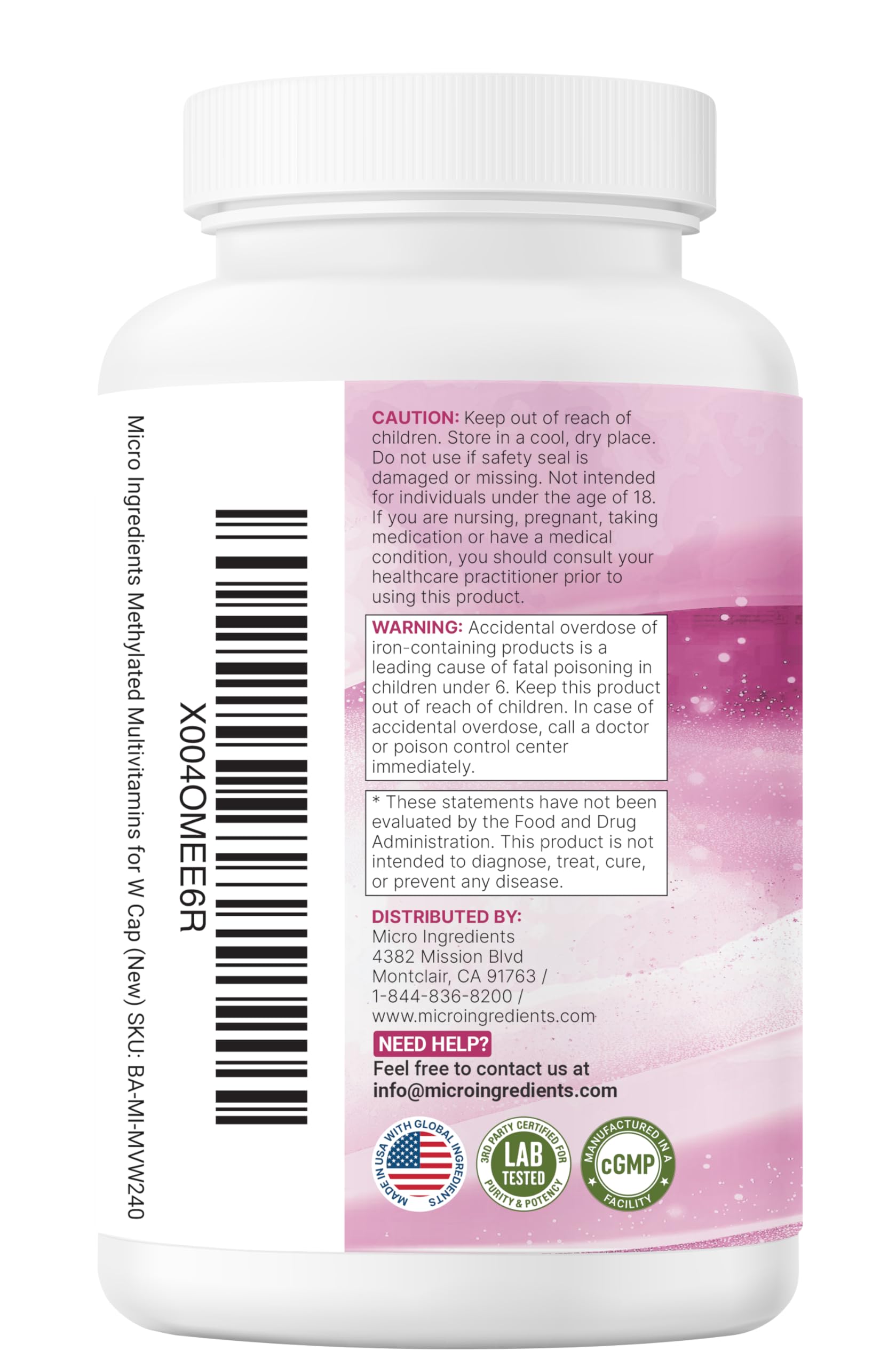 Micro Ingredients methylated multivitamin women back label notes iron and folate