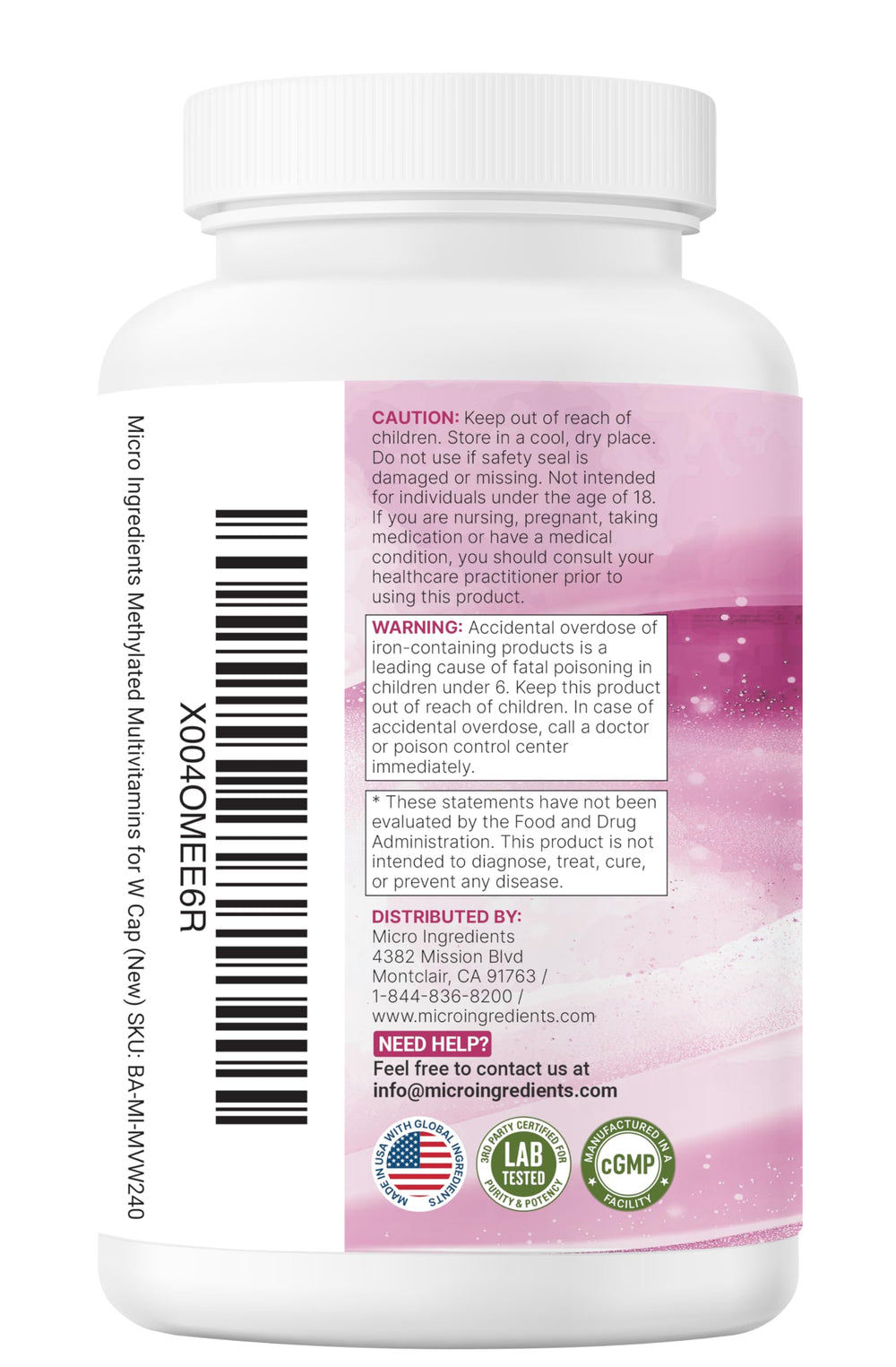 Micro Ingredients methylated multivitamin women back label notes iron and folate