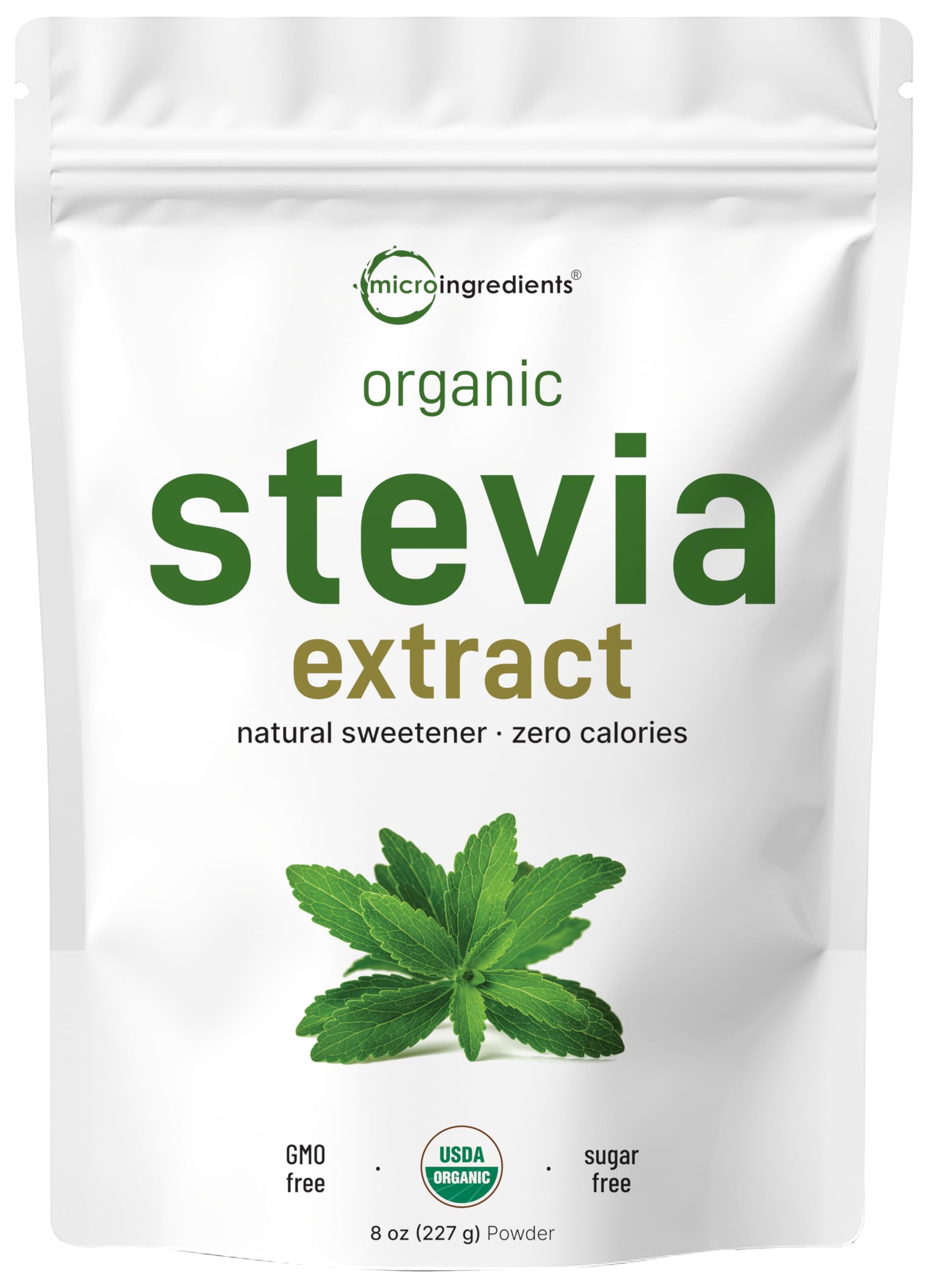 Micro Ingredients Pure Organic Stevia Powder bottle with 8 oz for sugar-free baking and drinks