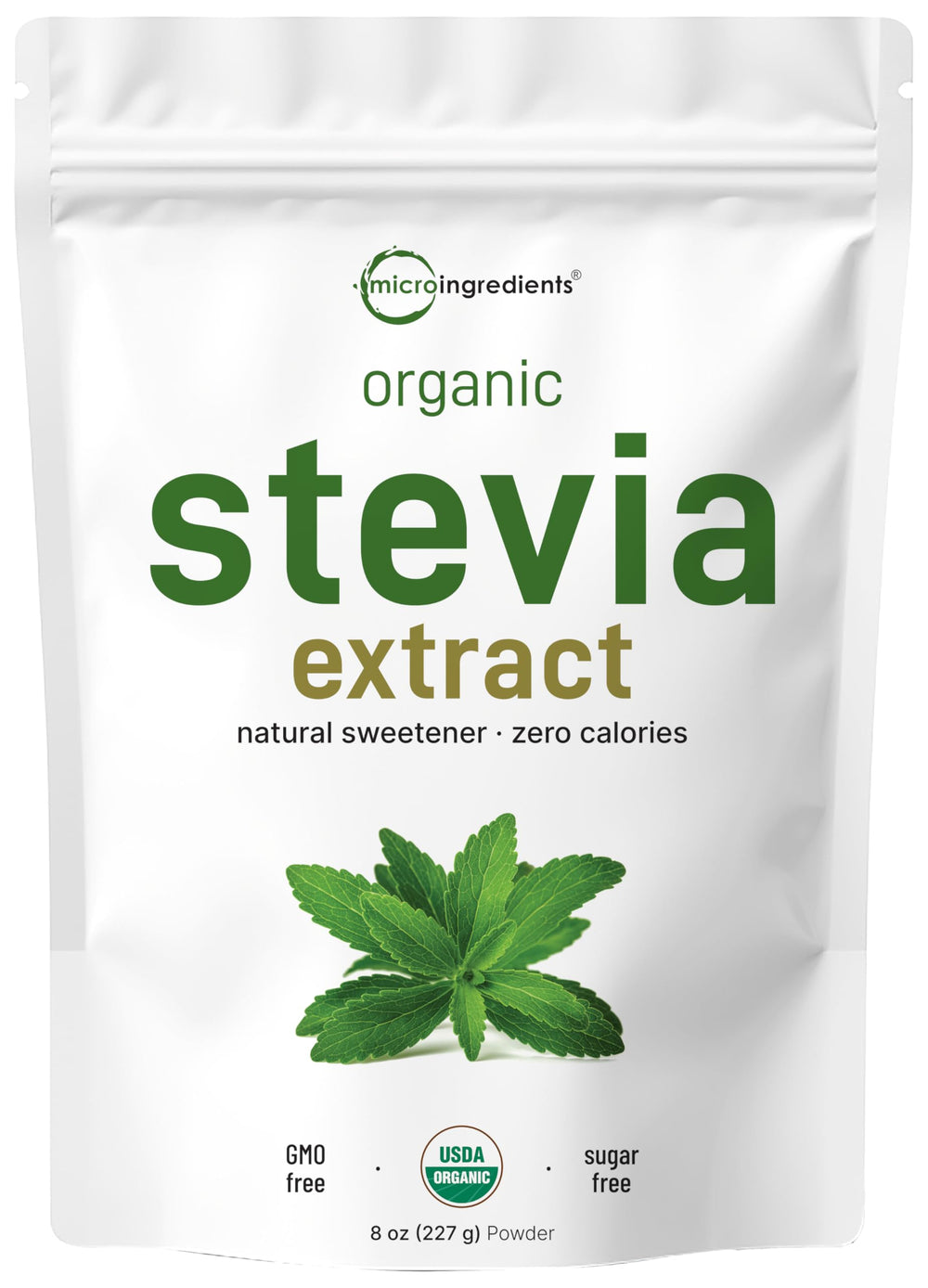 Micro Ingredients Pure Organic Stevia Powder bottle with 8 oz for sugar-free baking and drinks