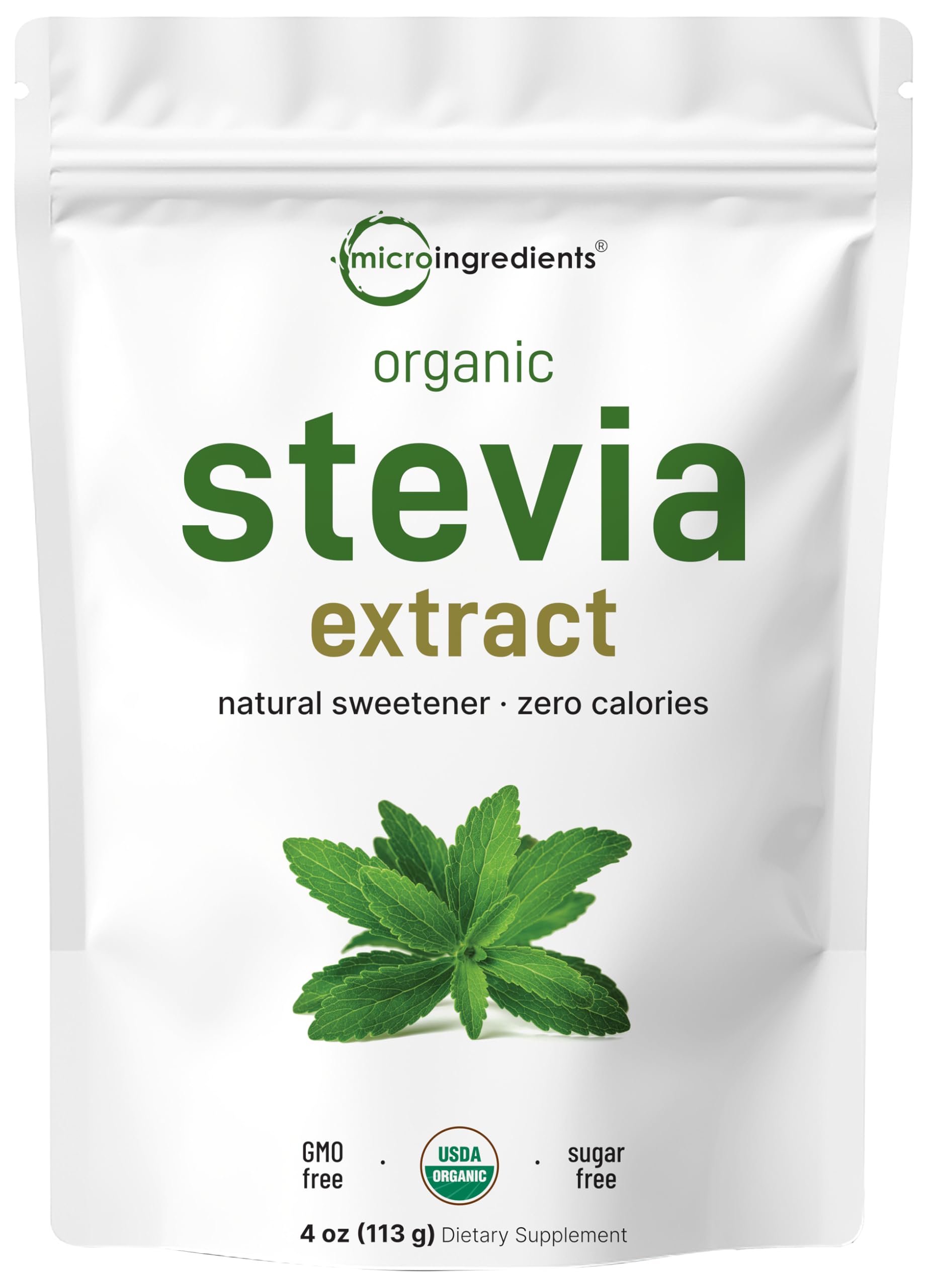 Micro Ingredients Pure Organic Stevia Powder bottle, zero calories for everyday sweetening.
