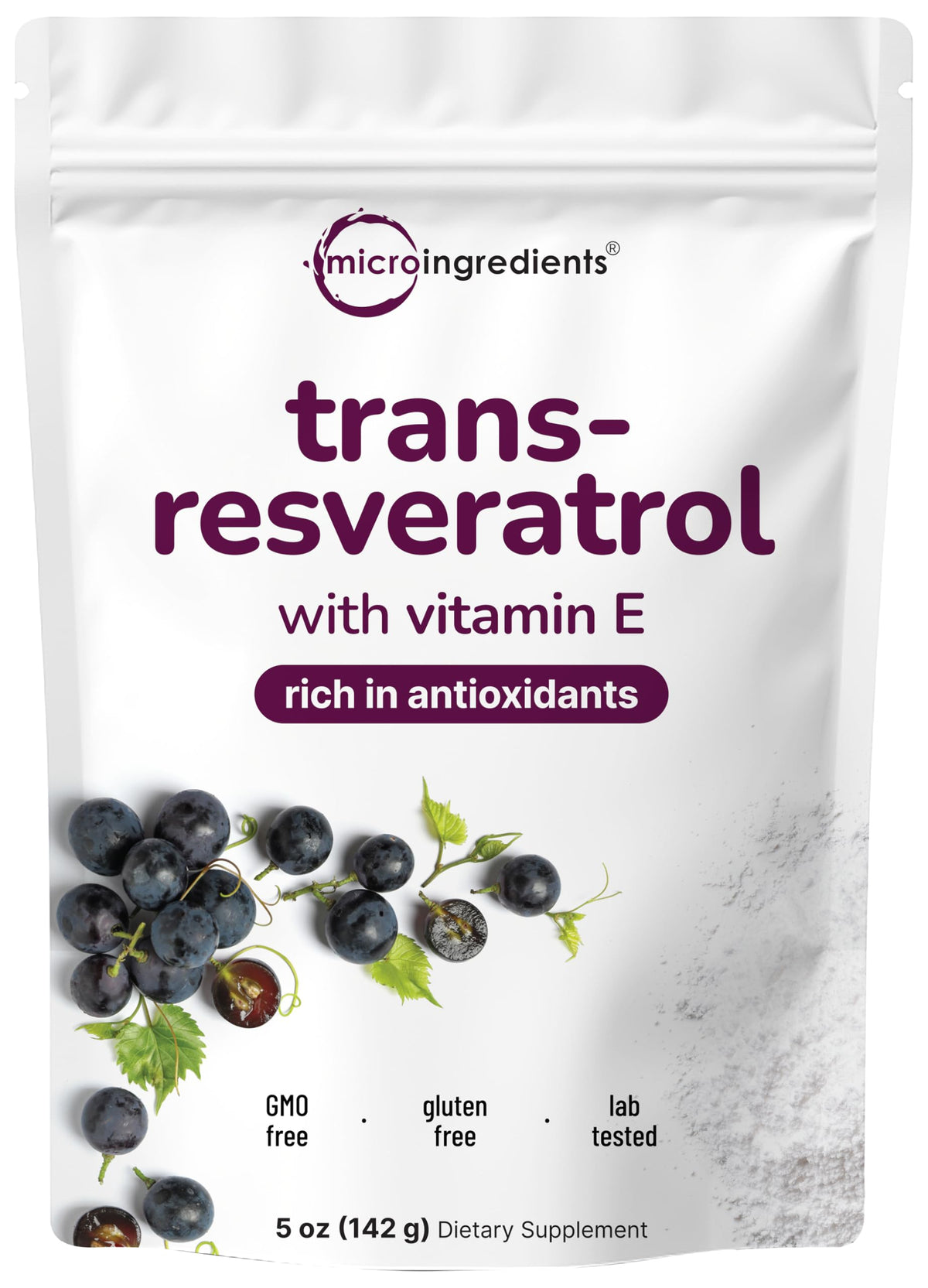 Micro Ingredients Pure Trans-Resveratrol powder in bottle for easy daily antioxidant support.
