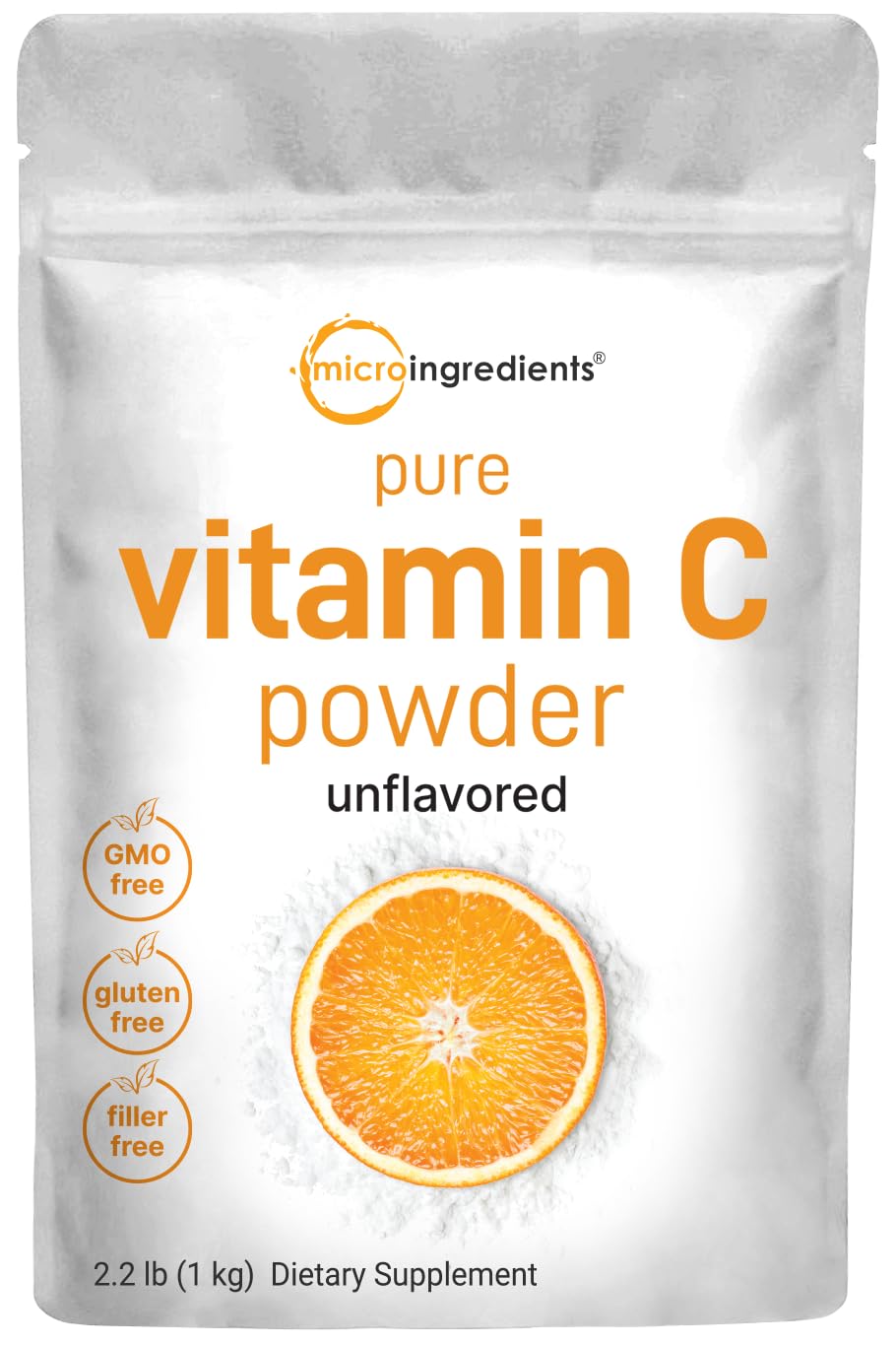 Micro Ingredients Vitamin C powder bag front, pure and unflavored for daily use.