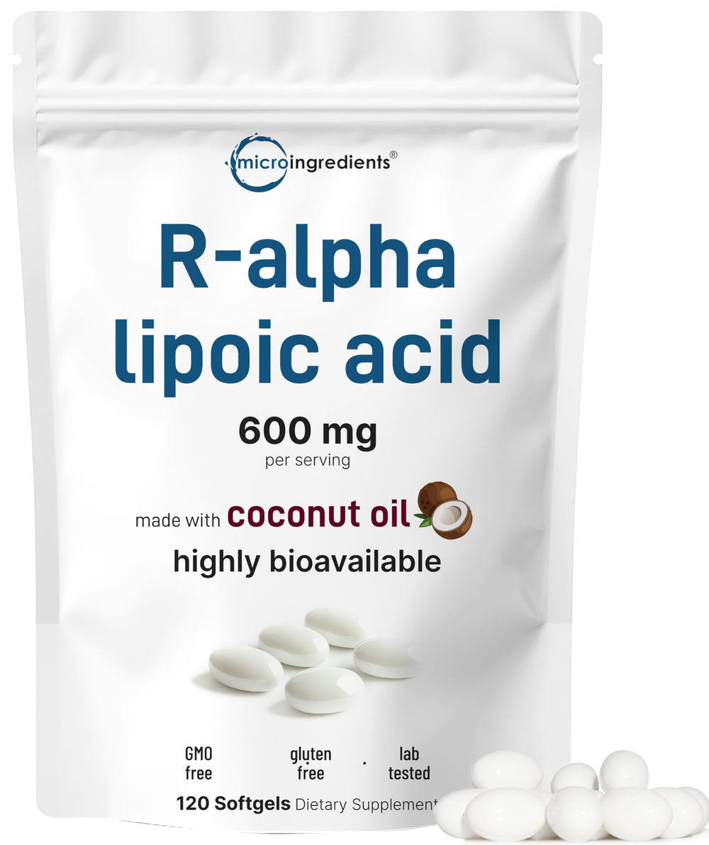 Micro Ingredients R-ALA 600mg softgels with coconut oil for enhanced absorption.
