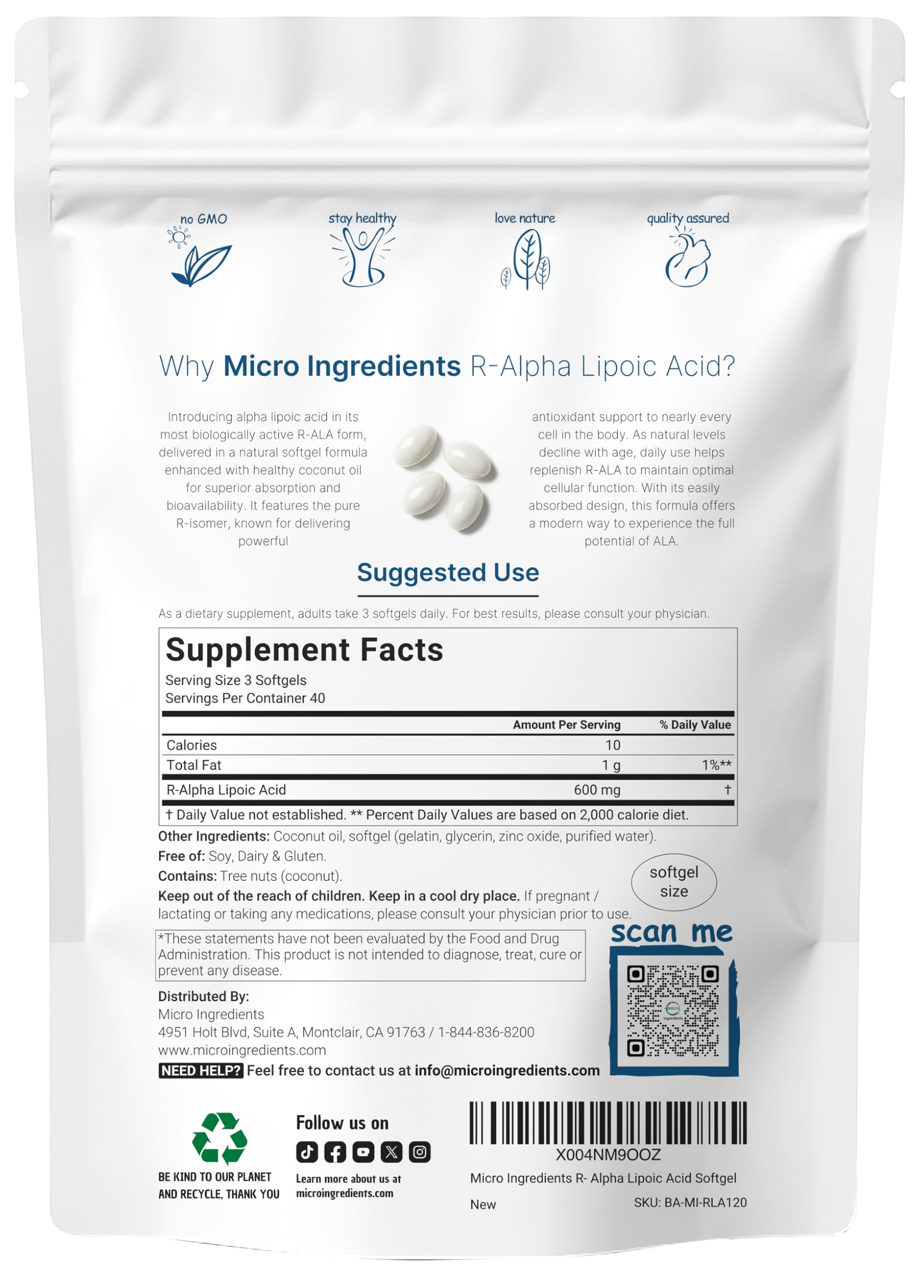 Micro Ingredients R-ALA softgels with coconut oil for quick uptake.