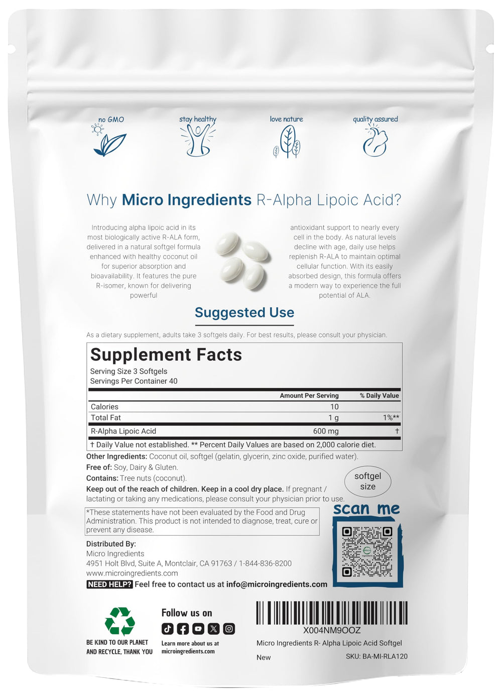 Micro Ingredients R-ALA softgels with coconut oil for quick uptake.